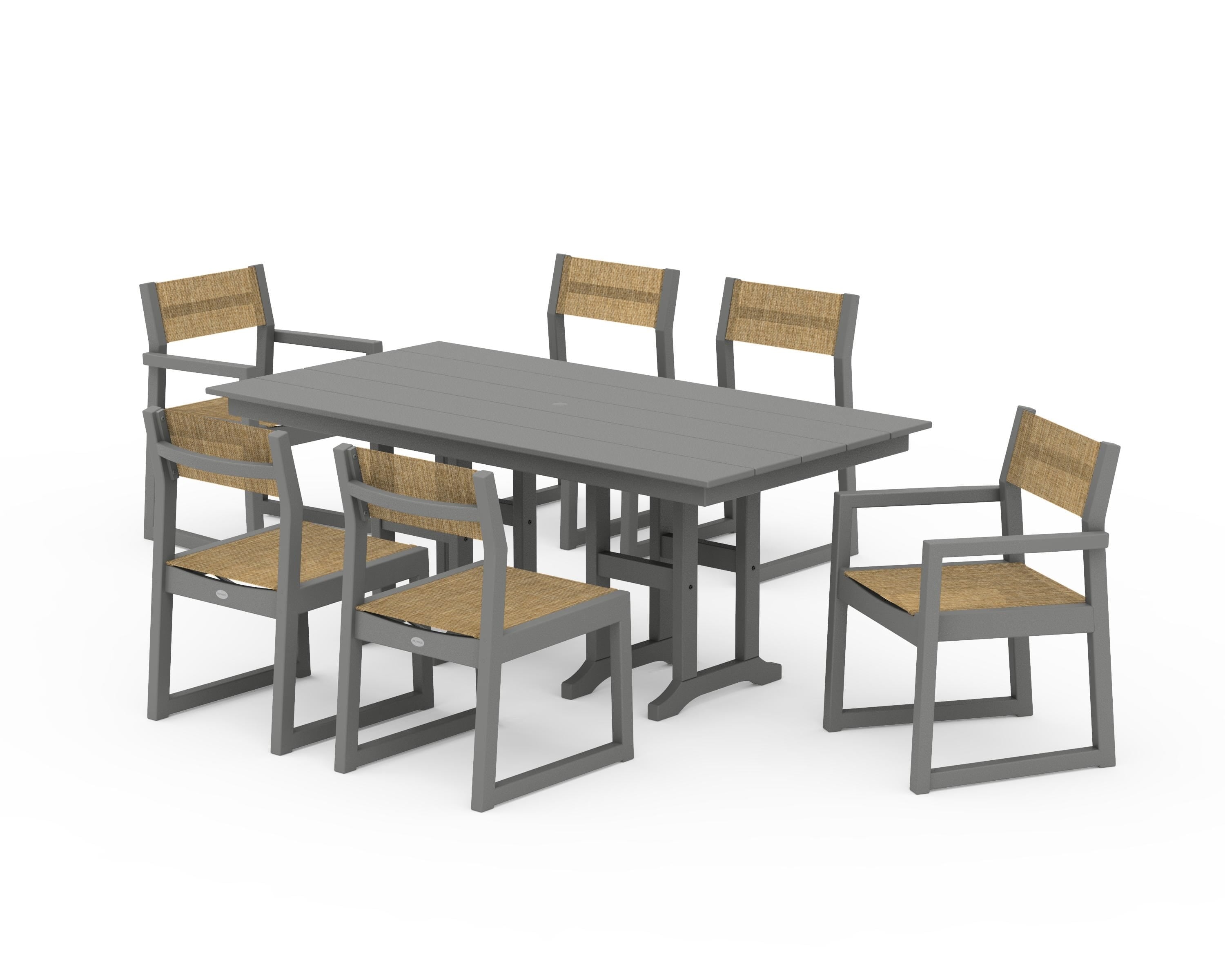 POLYWOOD EDGE Sling 7-Piece Farmhouse Dining Set in Slate Grey / Burlap Sling