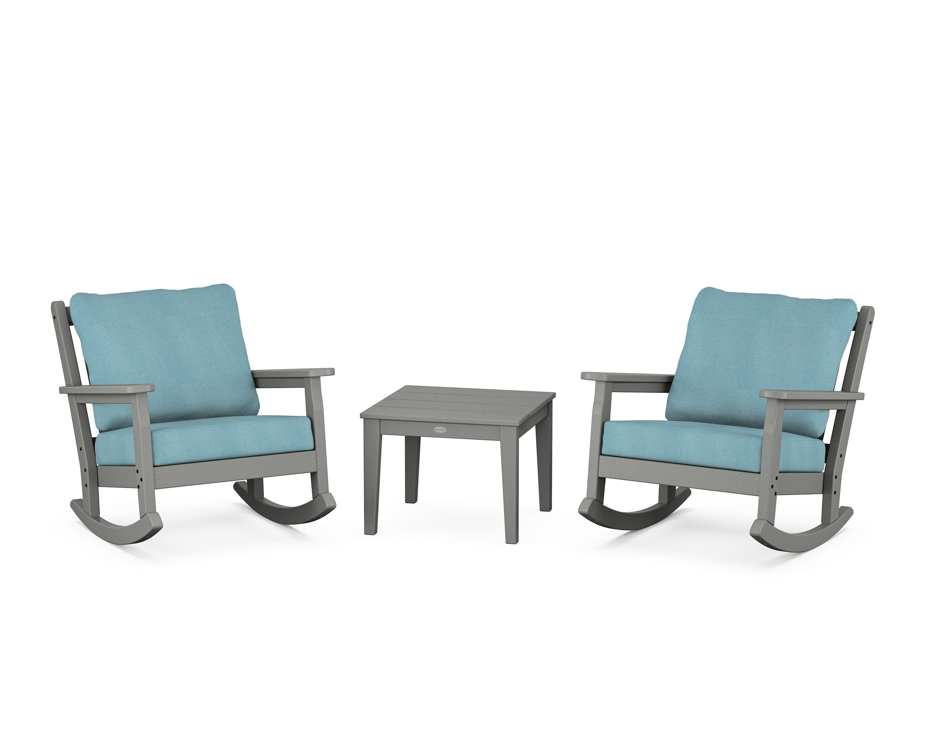 POLYWOOD Chippendale 3-Piece Deep Seating Rocker Set in Slate Grey / Lattice Sky Blue