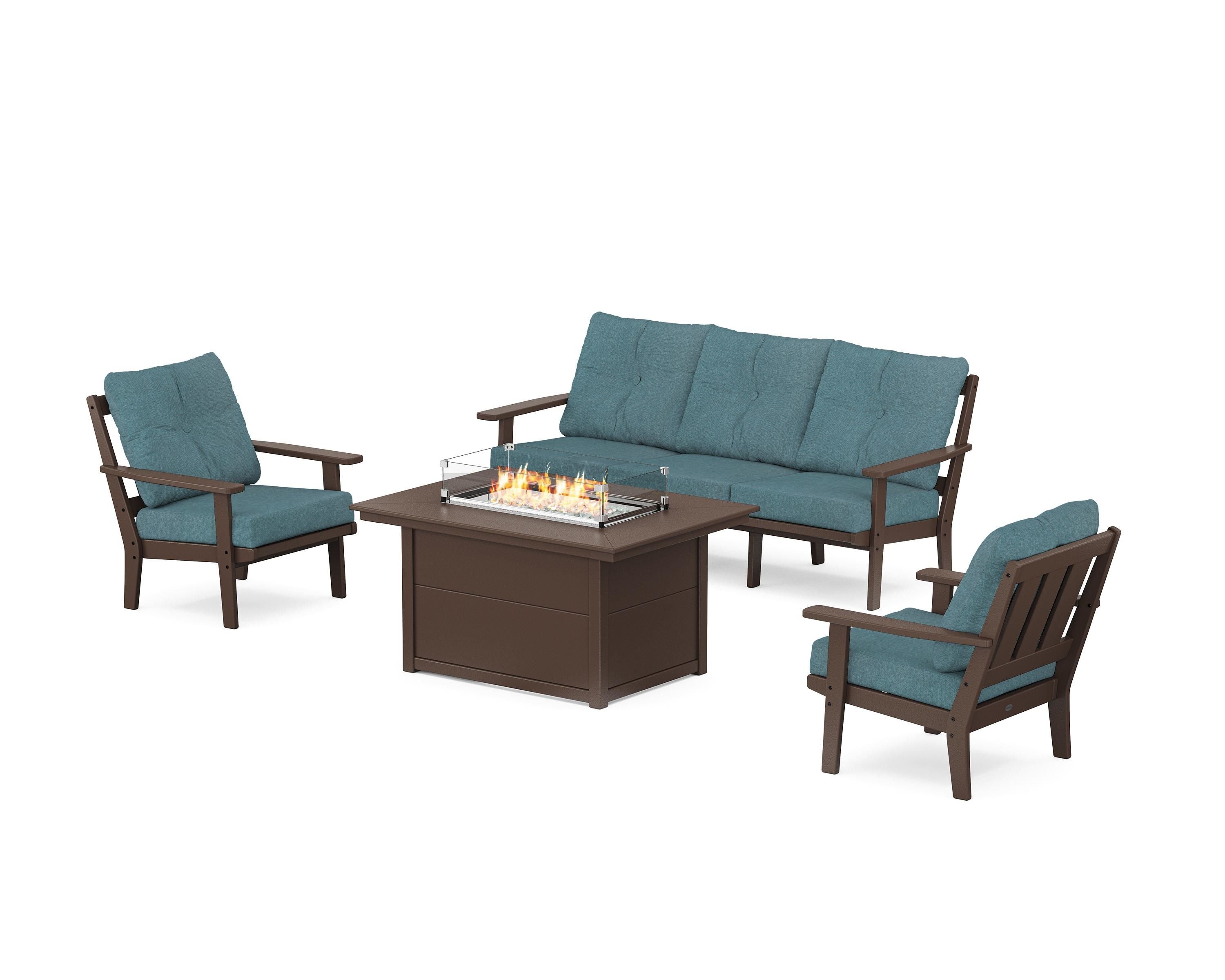 POLYWOOD Oxford Deep Seating Fire Pit Table Set in Mahogany / Ocean Teal