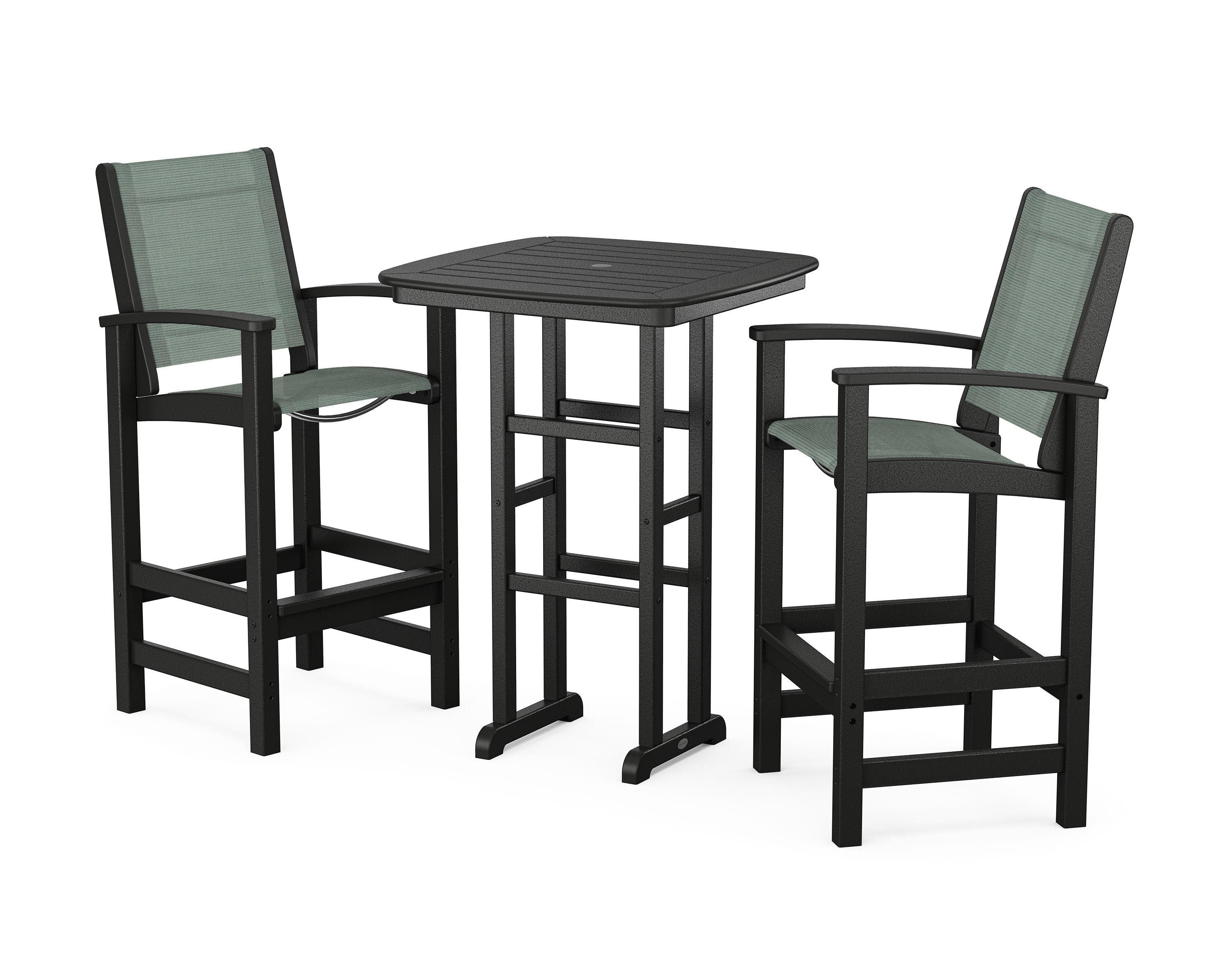 POLYWOOD Coastal 3-Piece Bar Set in Black / Dupioni Sea Mist Sling