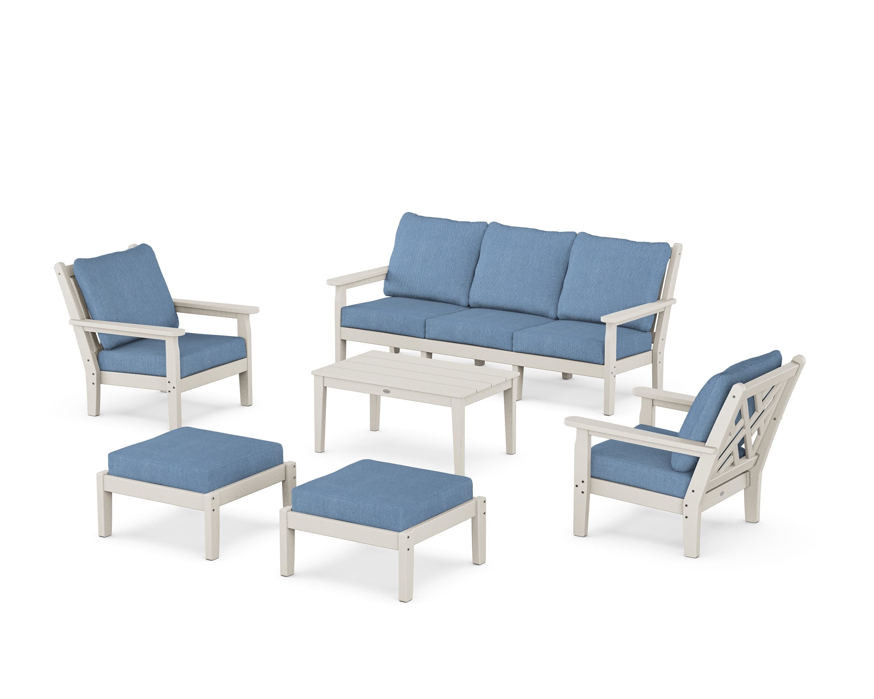 POLYWOOD Chippendale 6-Piece Lounge Sofa Set in Sand / Sky Blue