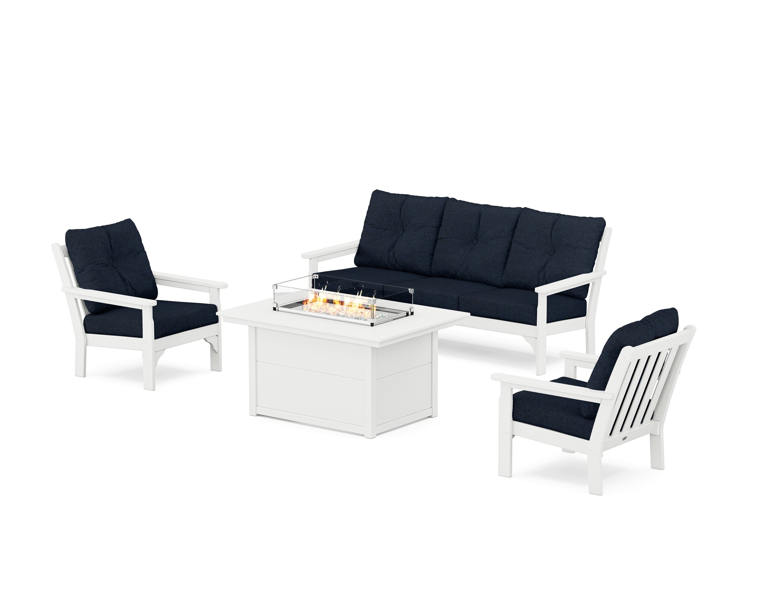 POLYWOOD Vineyard Deep Seating Fire Pit Table Set in White / Marine Indigo