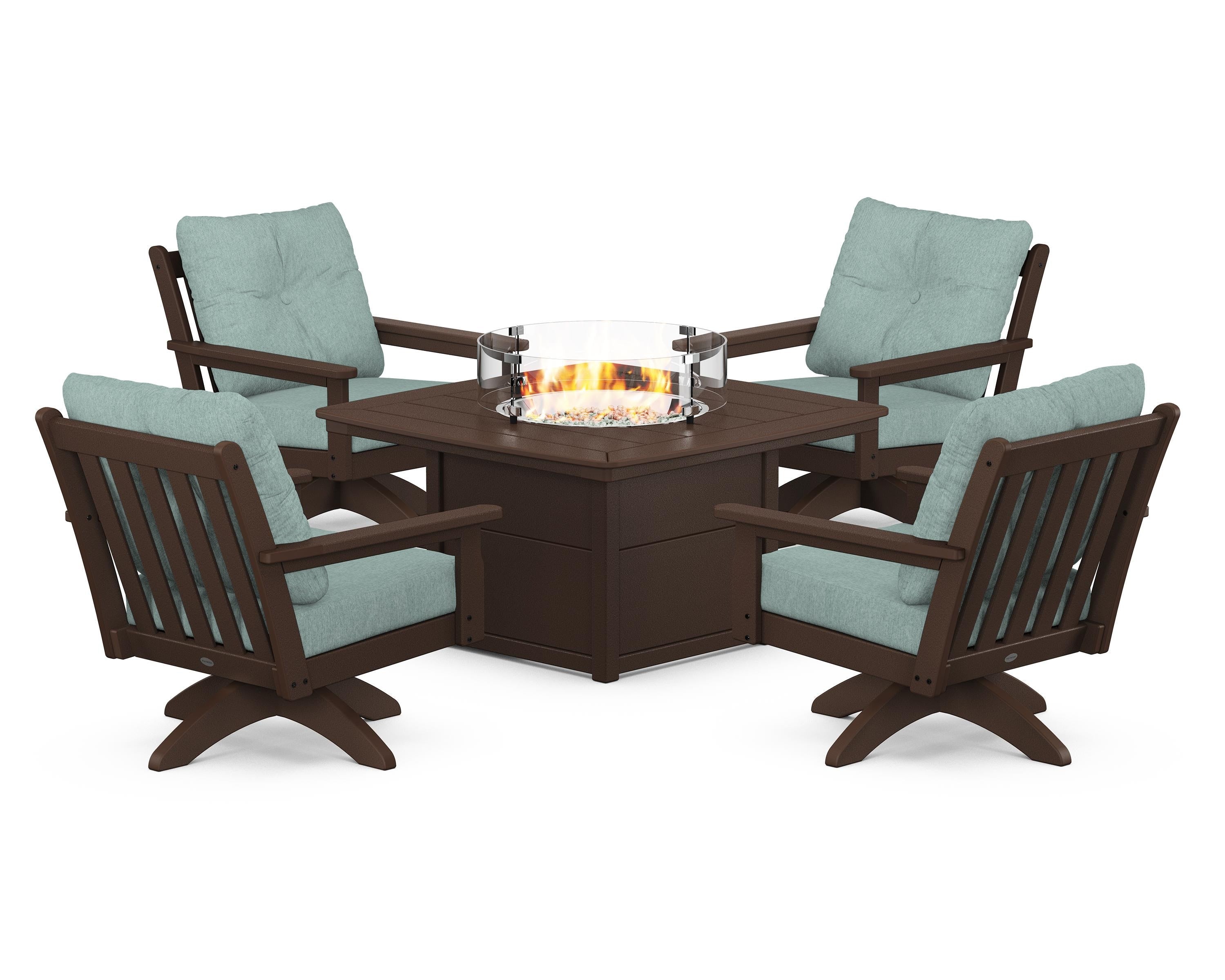 POLYWOOD Vineyard 5-Piece Deep Seating Swivel Conversation Set with Fire Pit Table in Mahogany / Glacier Spa
