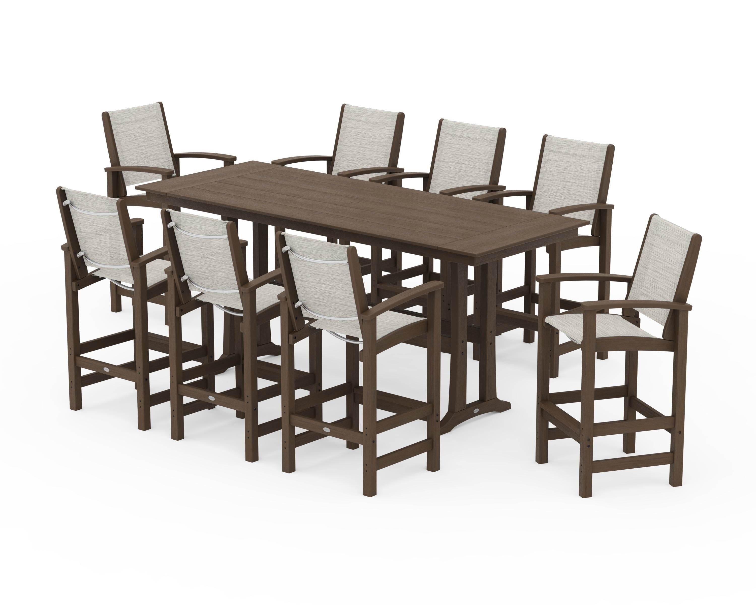 POLYWOOD Coastal 9-Piece Farmhouse Bar Set with Trestle Legs in Kona / Birch Sling
