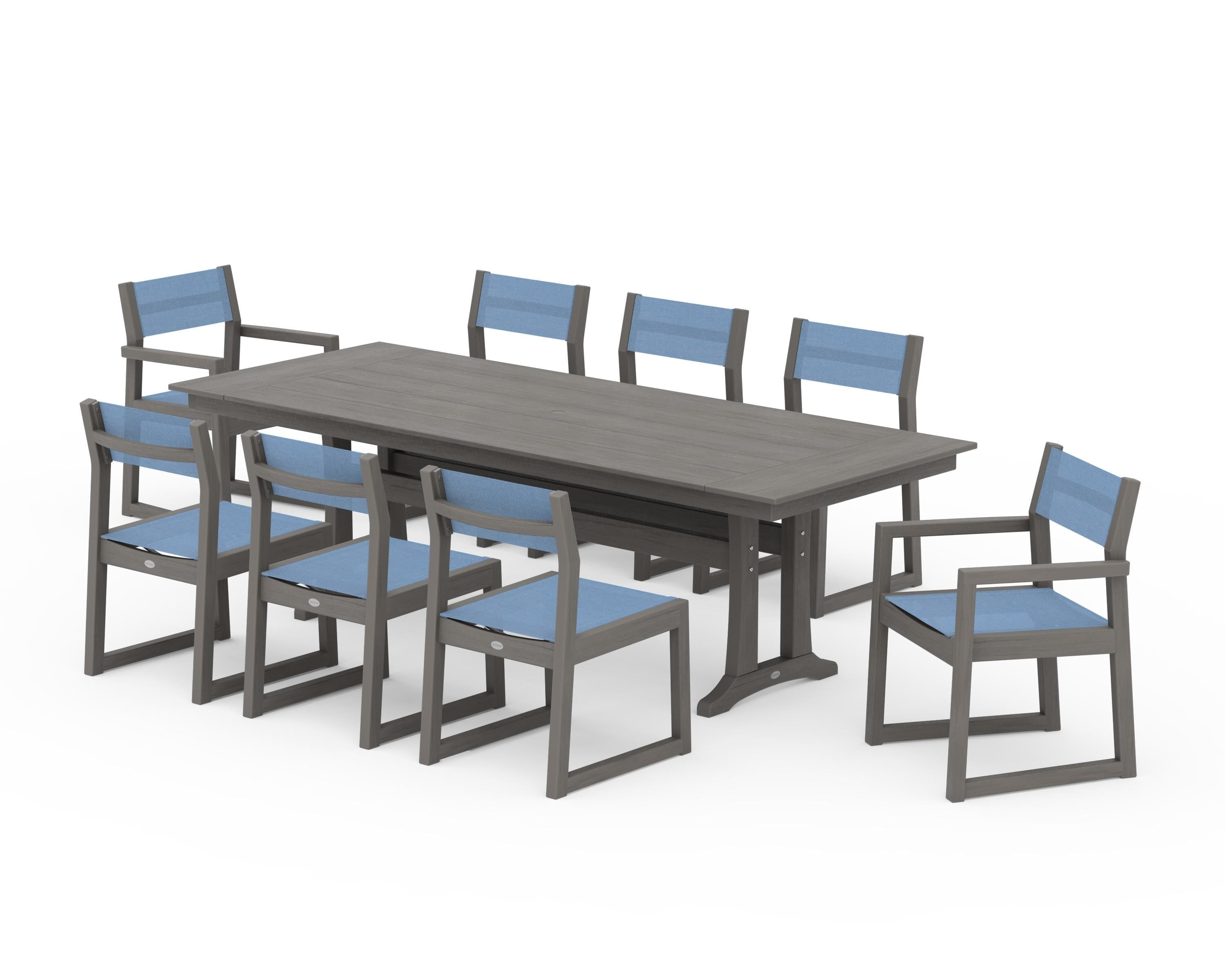 POLYWOOD EDGE Sling 9-Piece Farmhouse Trestle Dining Set in Driftwood / Poolside Sling