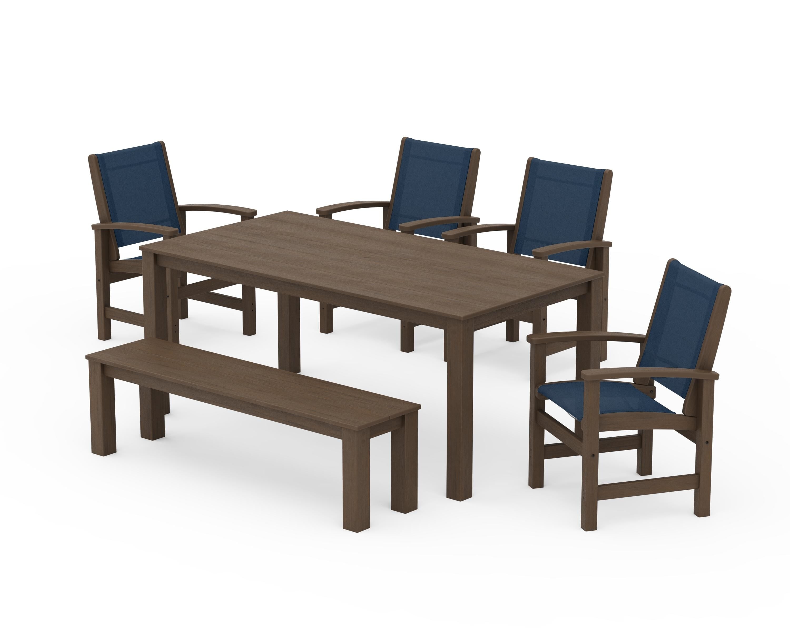 POLYWOOD Coastal 6-Piece Parsons Dining Set with Bench in Kona / Navy Blue Sling