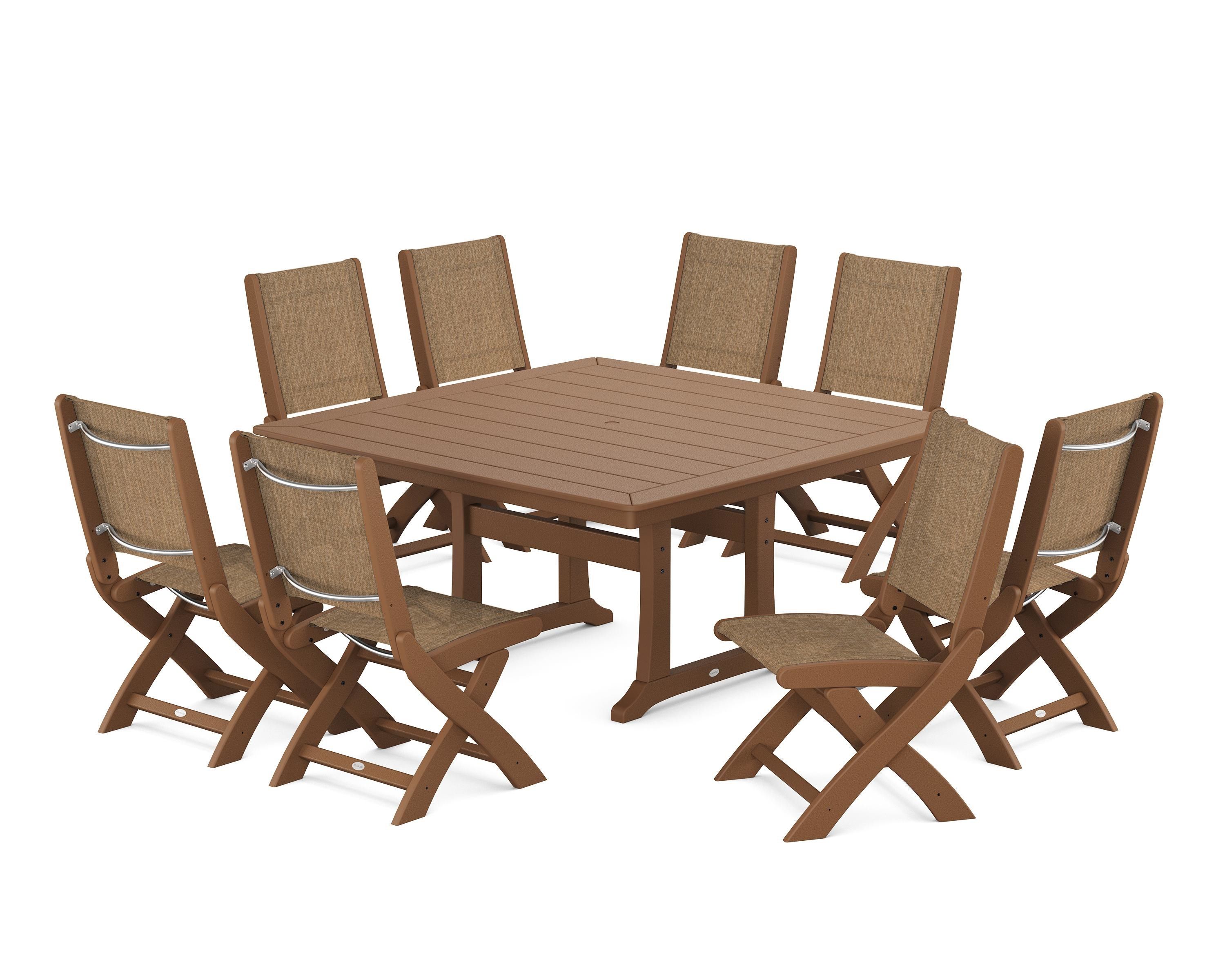 POLYWOOD Coastal Folding Side Chair 9-Piece Dining Set with Trestle Legs in Teak / Burlap Sling