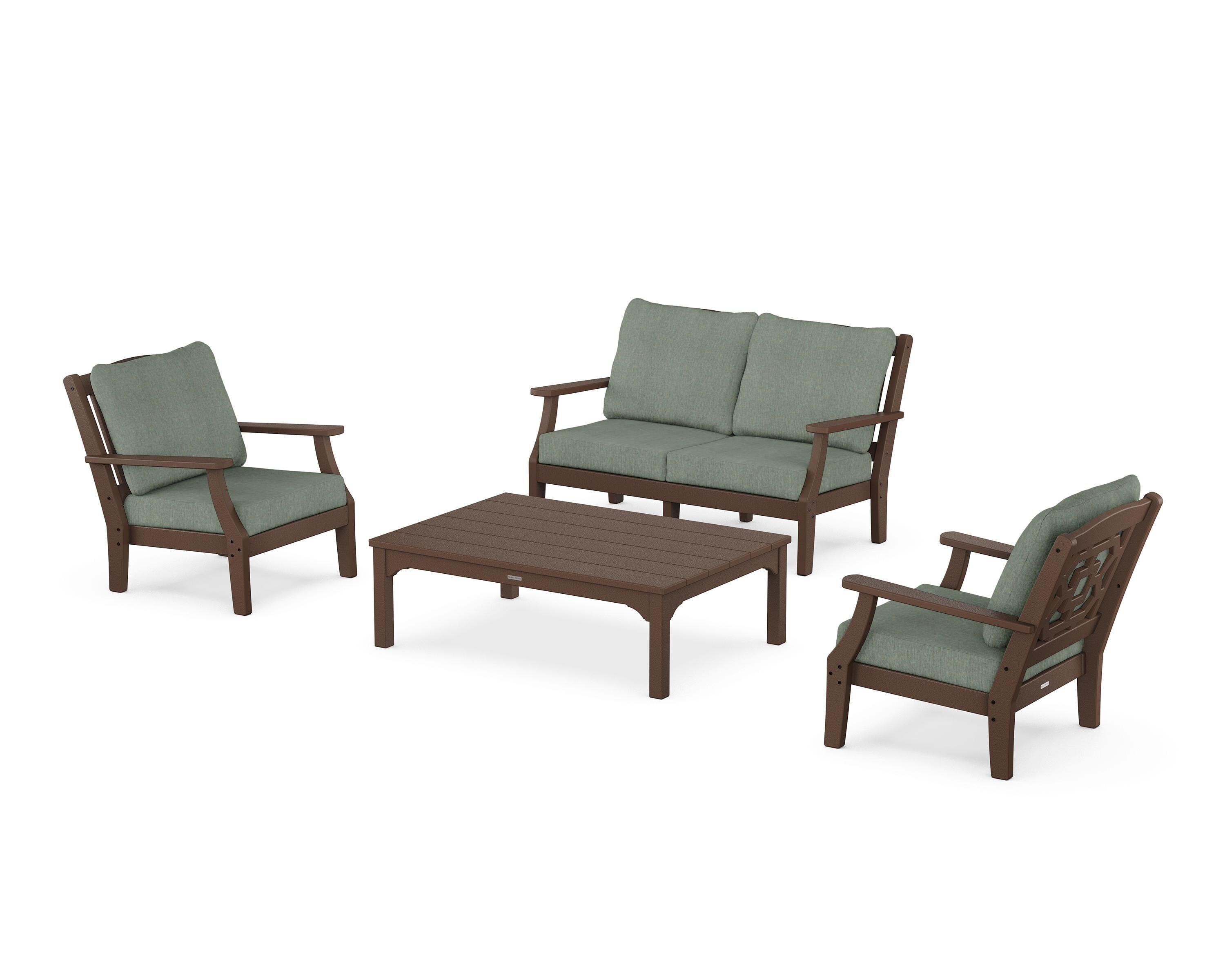 Martha Stewart by POLYWOOD Chinoiserie 4-Piece Deep Seating Set with Loveseat in Mahogany / Cast Sage