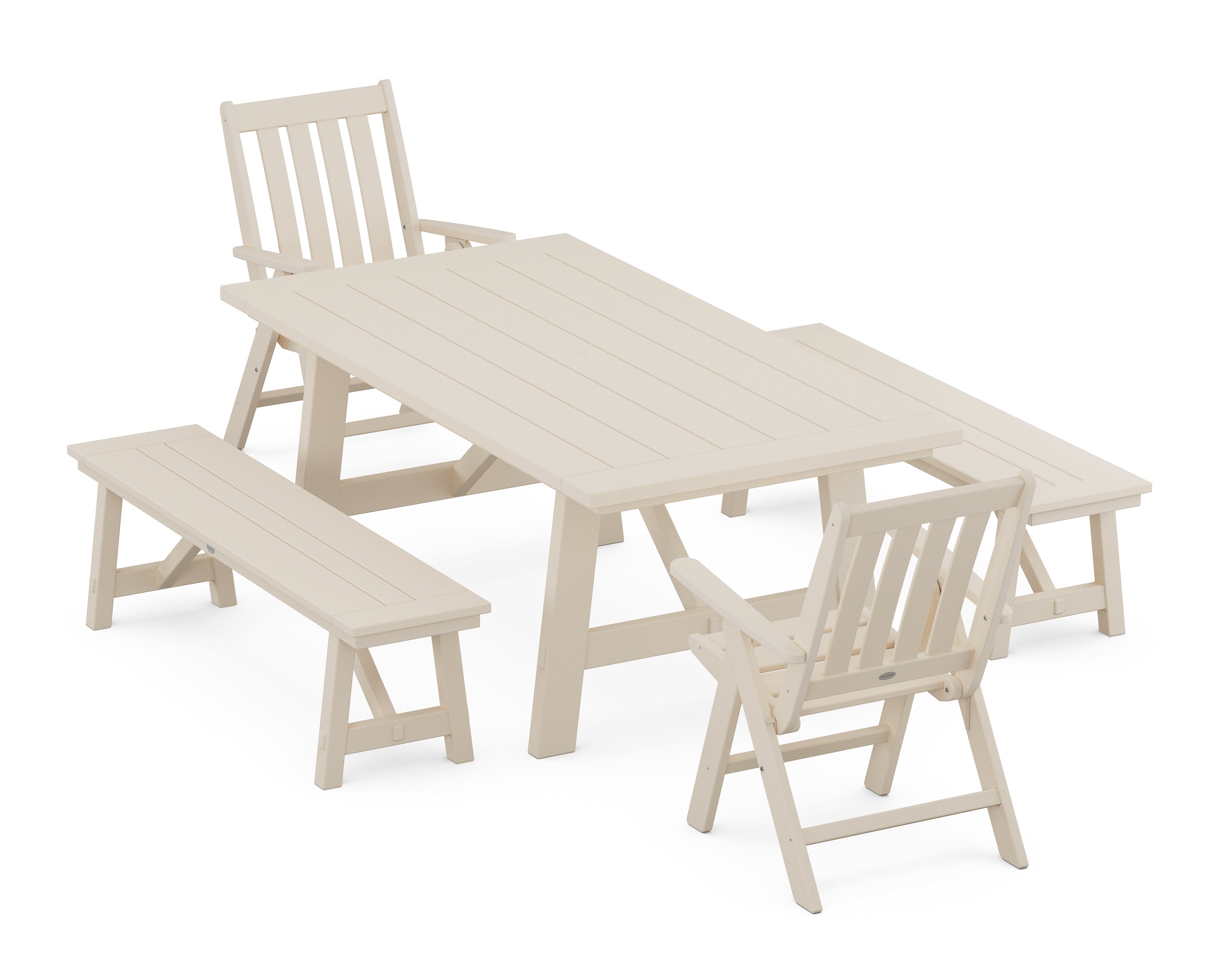 POLYWOOD® Vineyard Folding Chair 5-Piece Rustic Farmhouse Dining Set With Benches in Sand