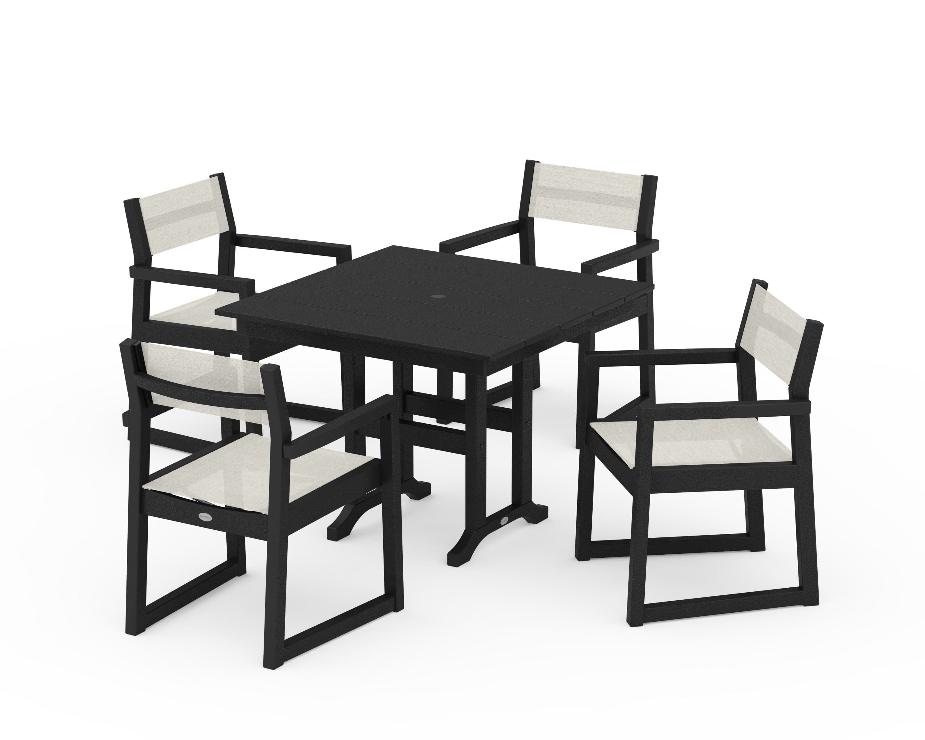 POLYWOOD EDGE Sling Arm Chair 5-Piece Farmhouse Dining Set in Black / Parchment Sling