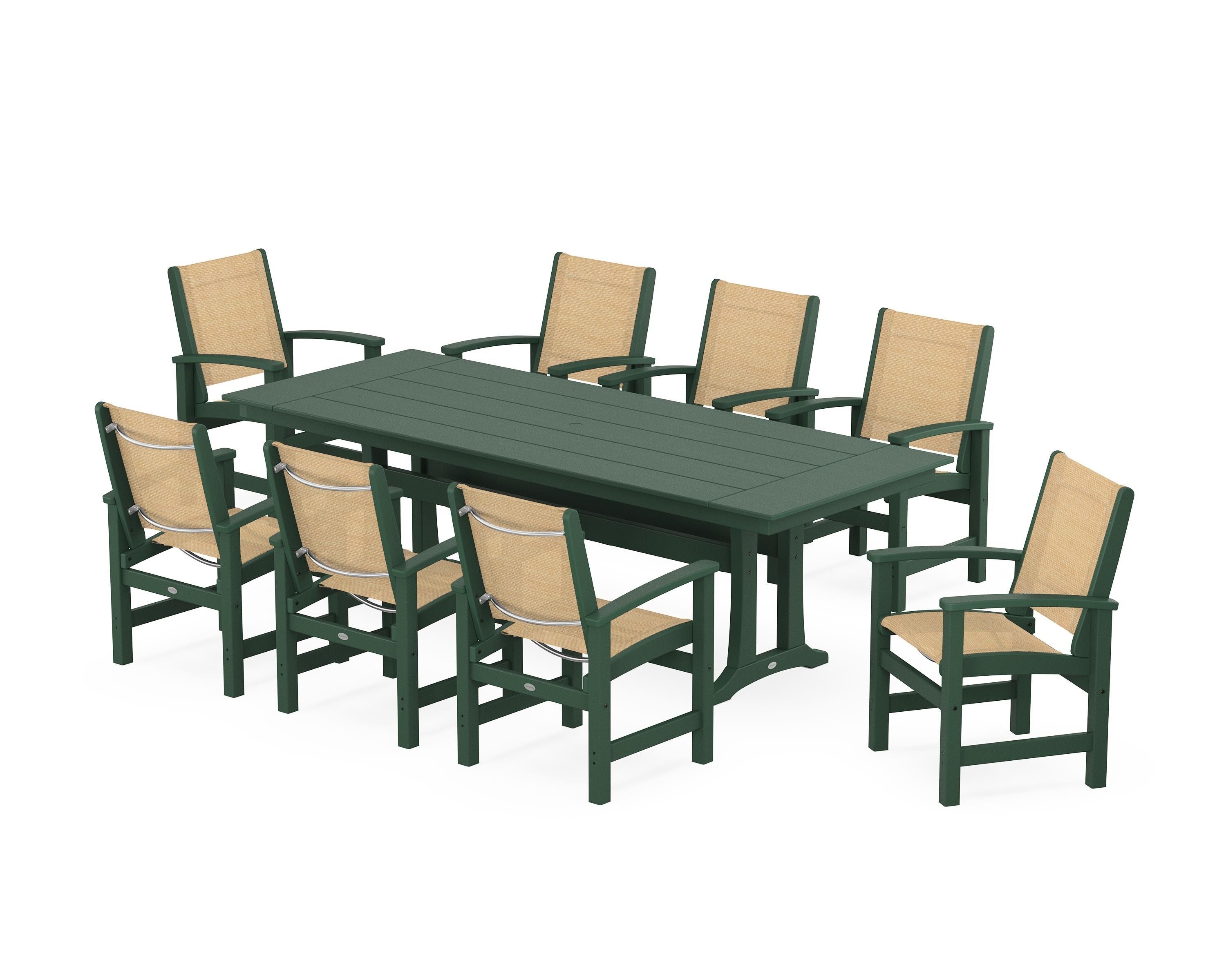POLYWOOD Coastal 9-Piece Farmhouse Dining Set with Trestle Legs in Green / Dupioni Apricot Sling