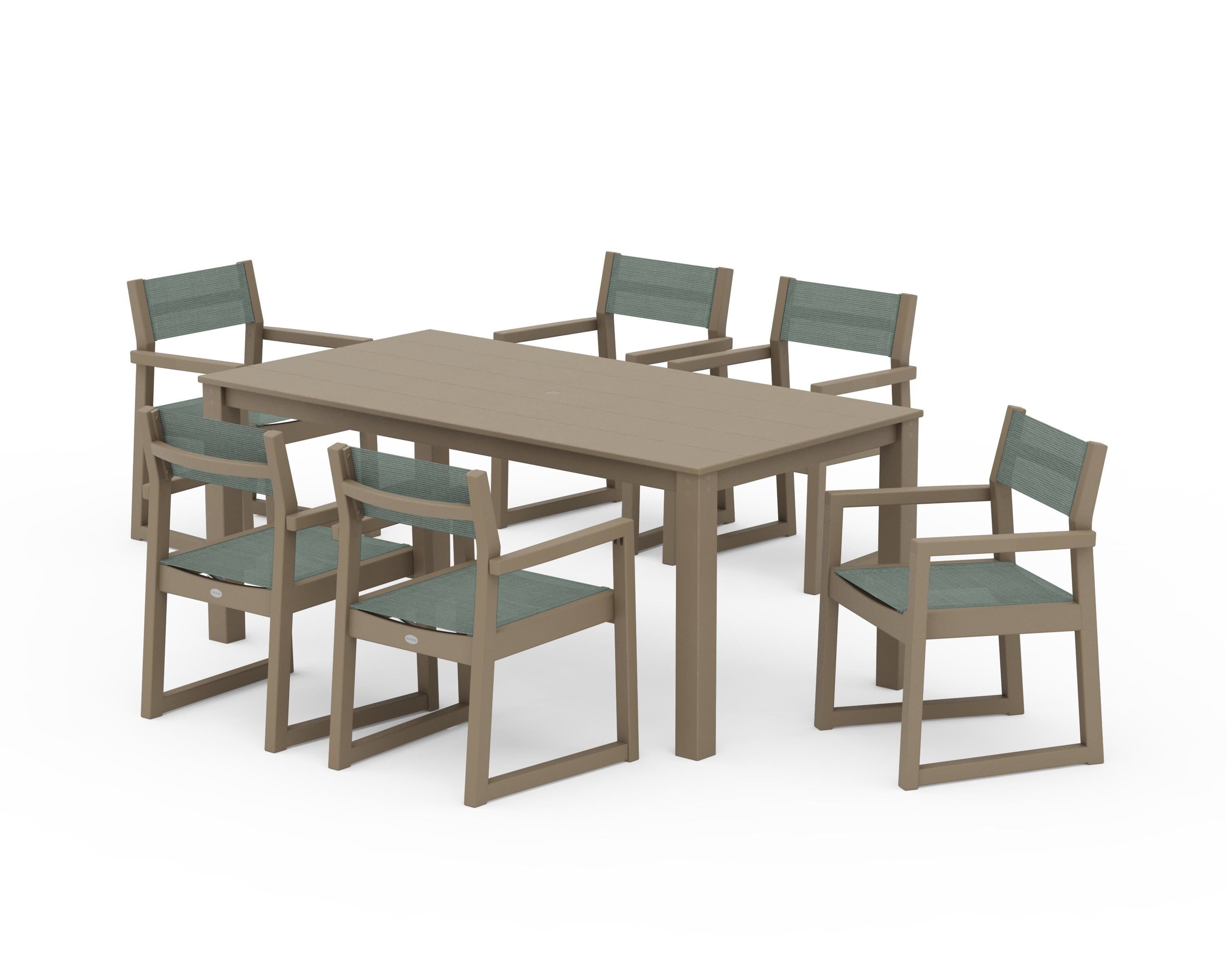 POLYWOOD EDGE Sling Arm Chair 7-Piece Parsons Dining Set in Vintage Sahara / Dupioni Sea Mist Sling