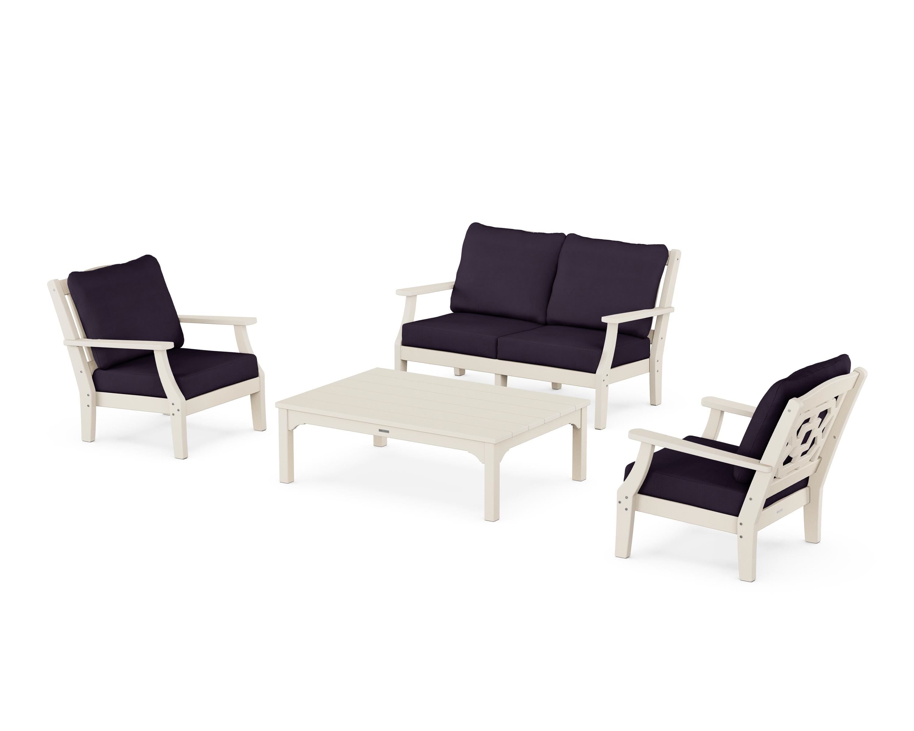 Martha Stewart by POLYWOOD Chinoiserie 4-Piece Deep Seating Set with Loveseat in Sand / Navy Linen