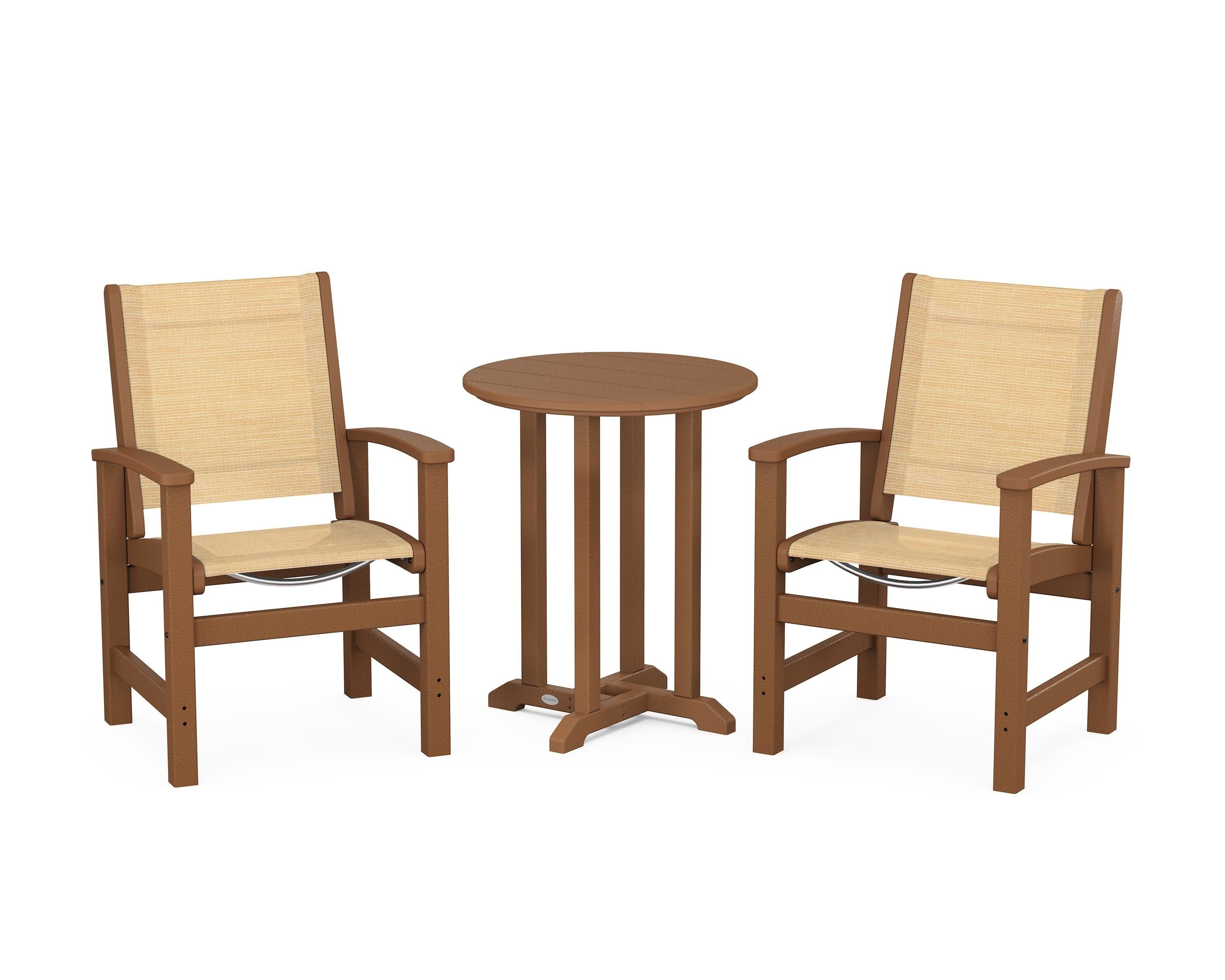 POLYWOOD Coastal 3-Piece Round Bistro Dining Set in Teak / Dupioni Apricot Sling