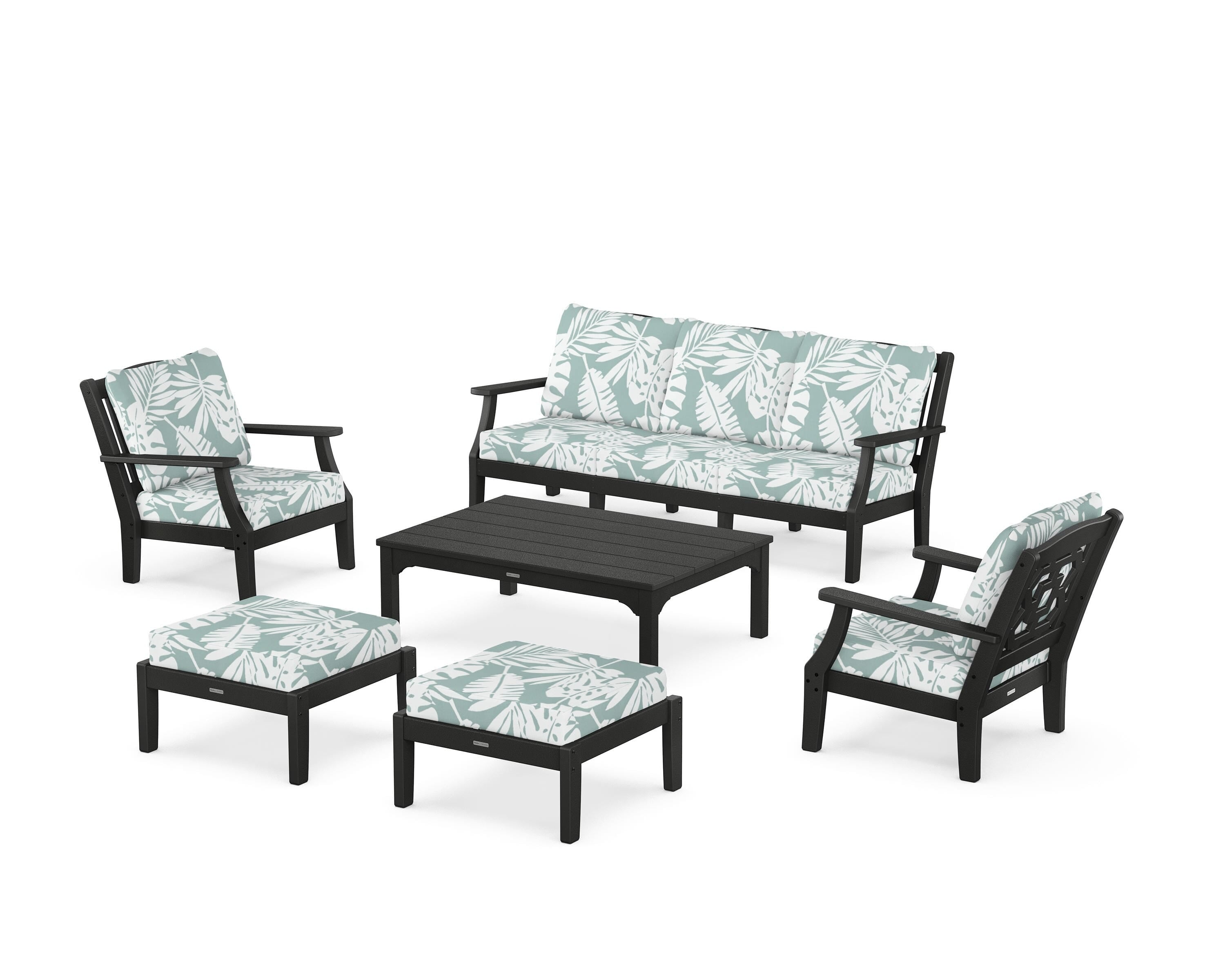 Martha Stewart by POLYWOOD Chinoiserie 6-Piece Lounge Sofa Set in Black / Leaf Glacier Spa