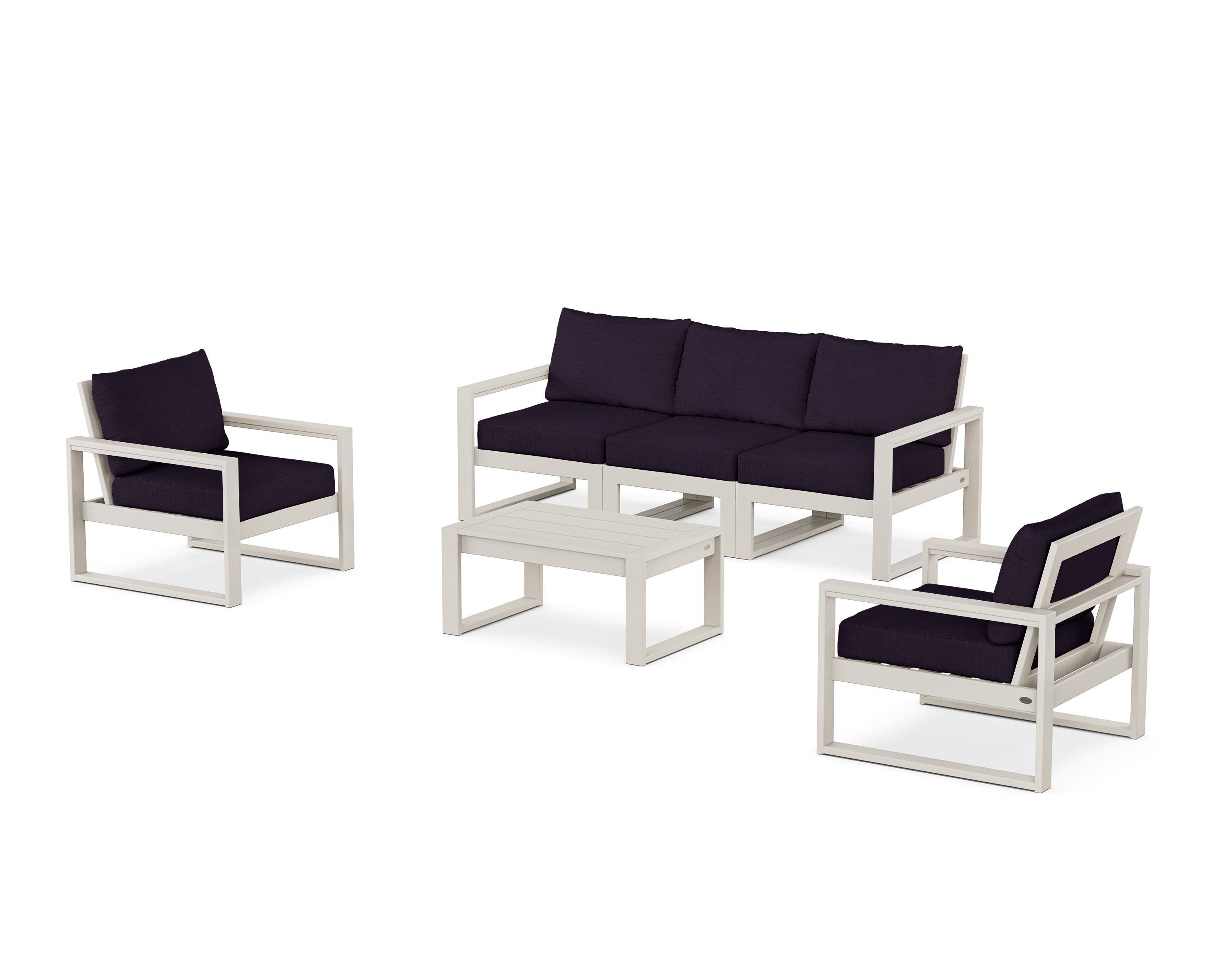 POLYWOOD EDGE Sectional 4-Piece Deep Seating Set with Sofa in Sand / Navy Linen