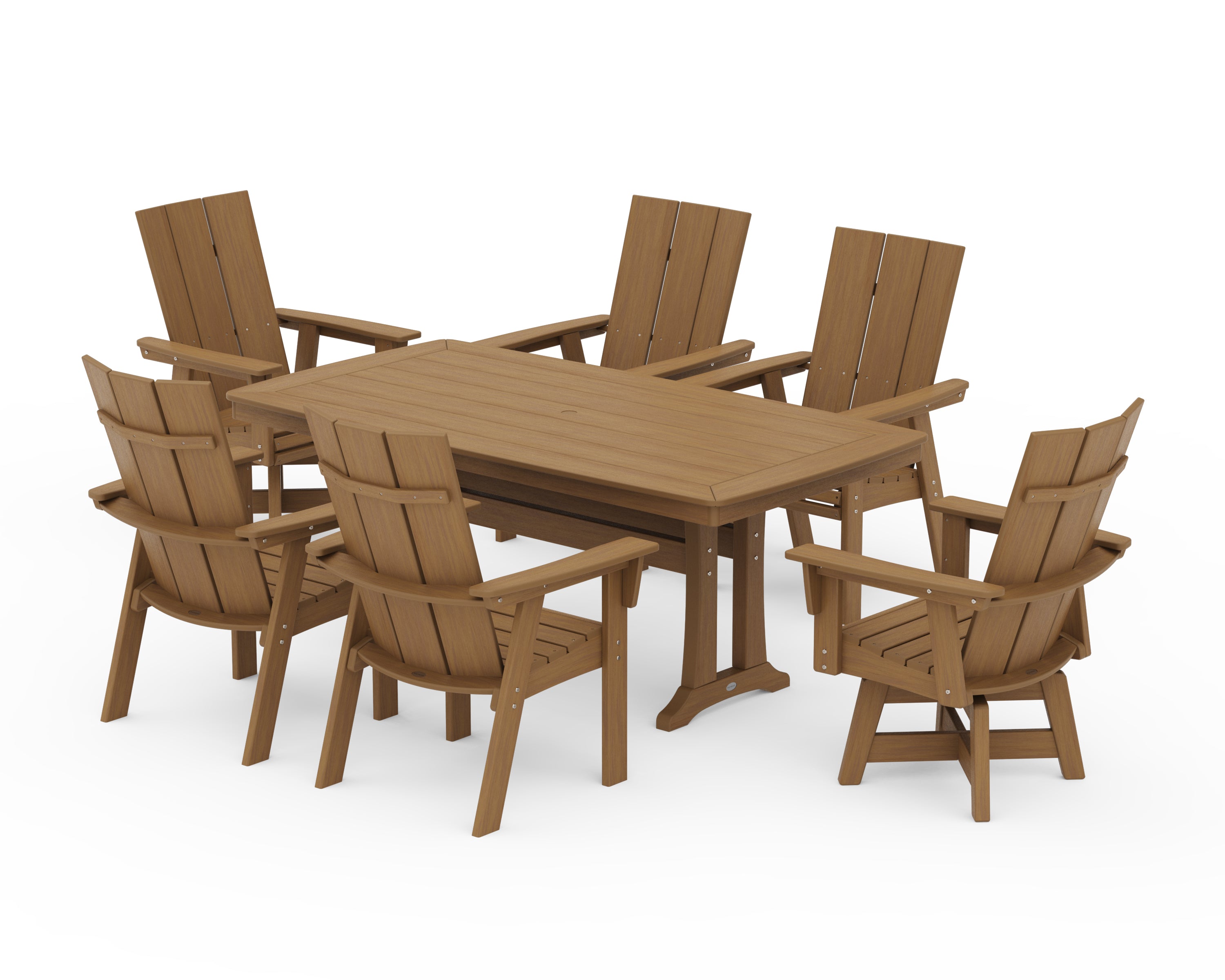 POLYWOOD Modern Adirondack Swivel Chair 7-Piece Dining Set with Trestle Legs in Natural