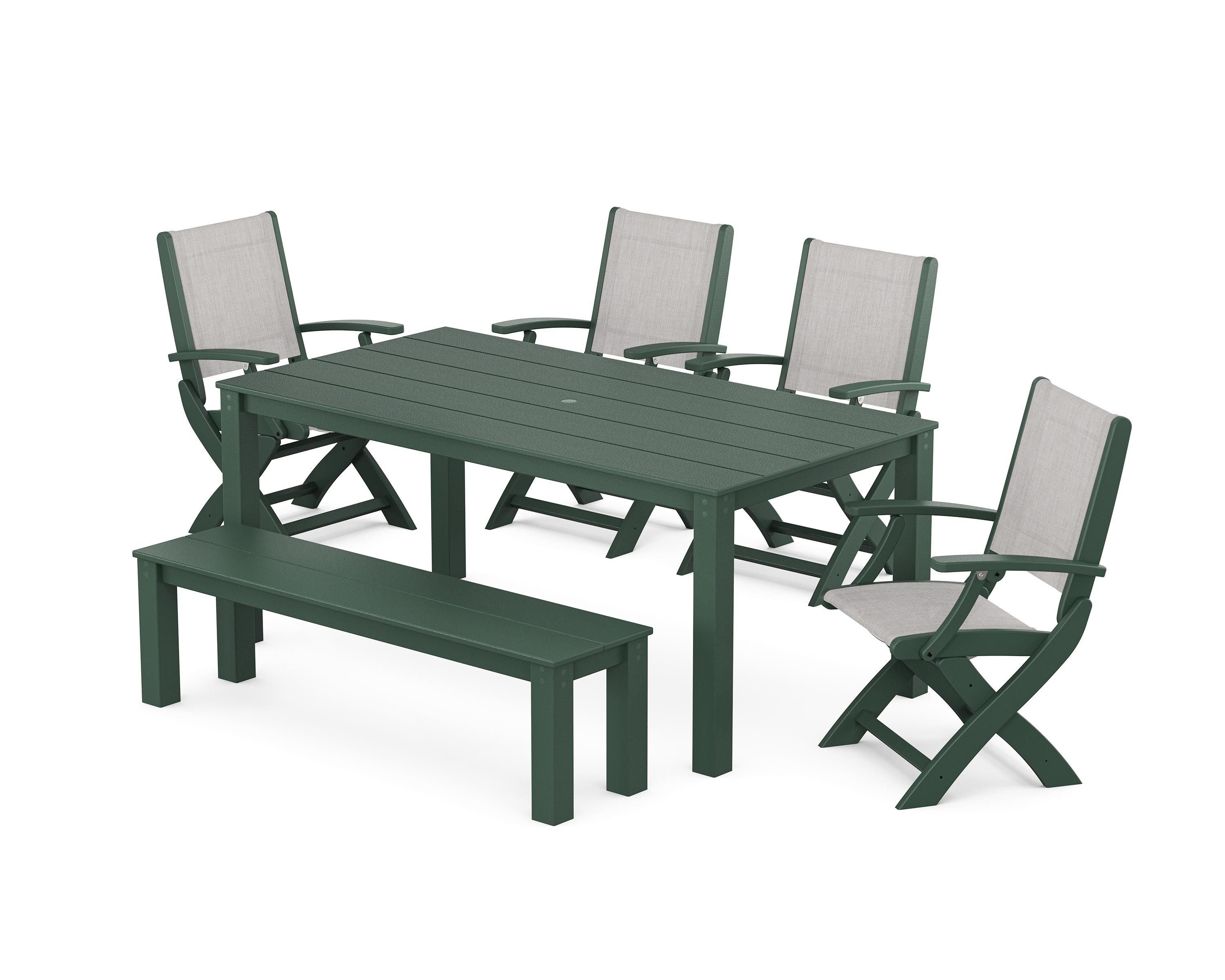 POLYWOOD Coastal Folding Chair 6-Piece Parsons Dining Set with Bench in Green / Parchment Sling