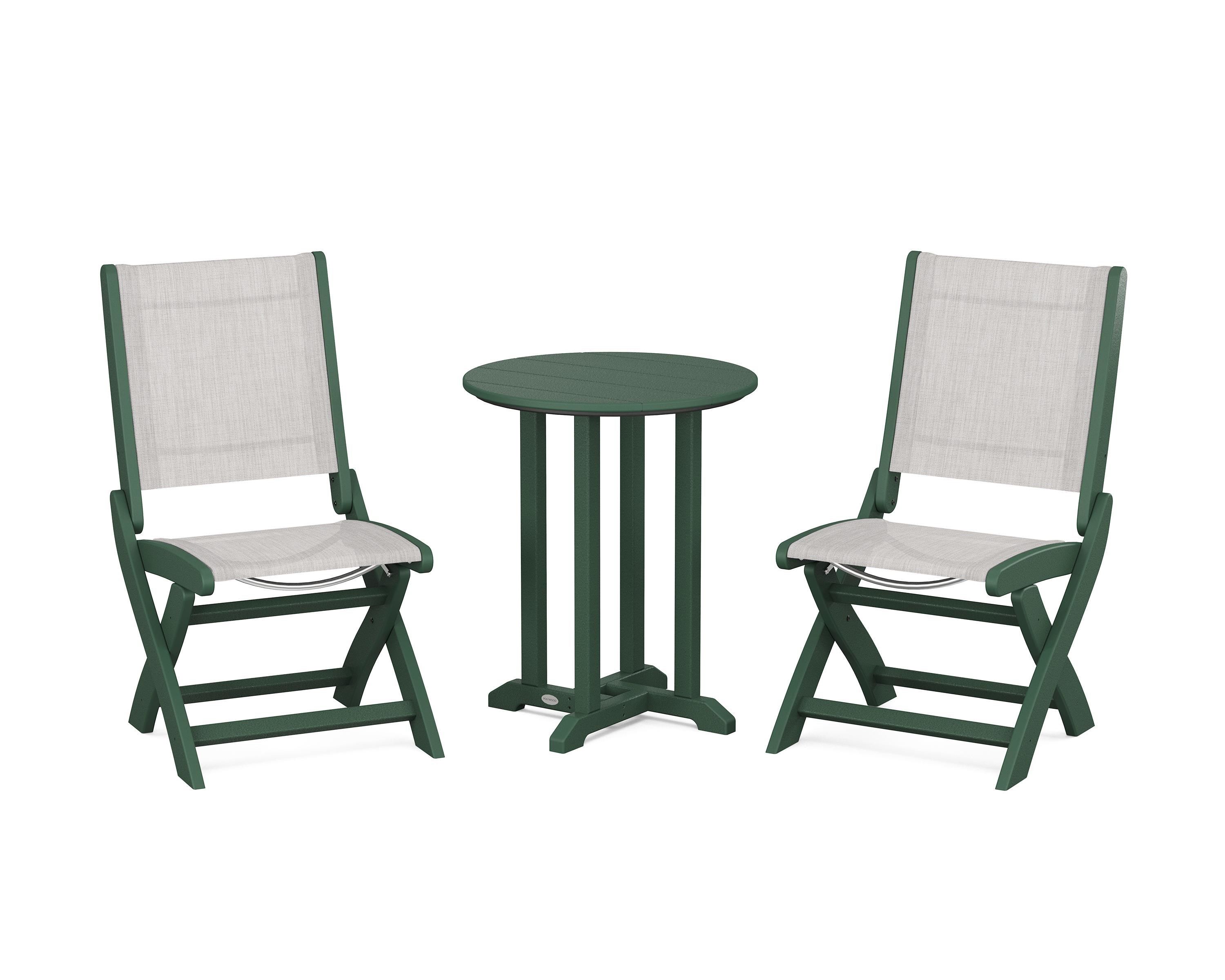 POLYWOOD Coastal Folding Side Chair 3-Piece Round Bistro Dining Set in Green / Parchment Sling