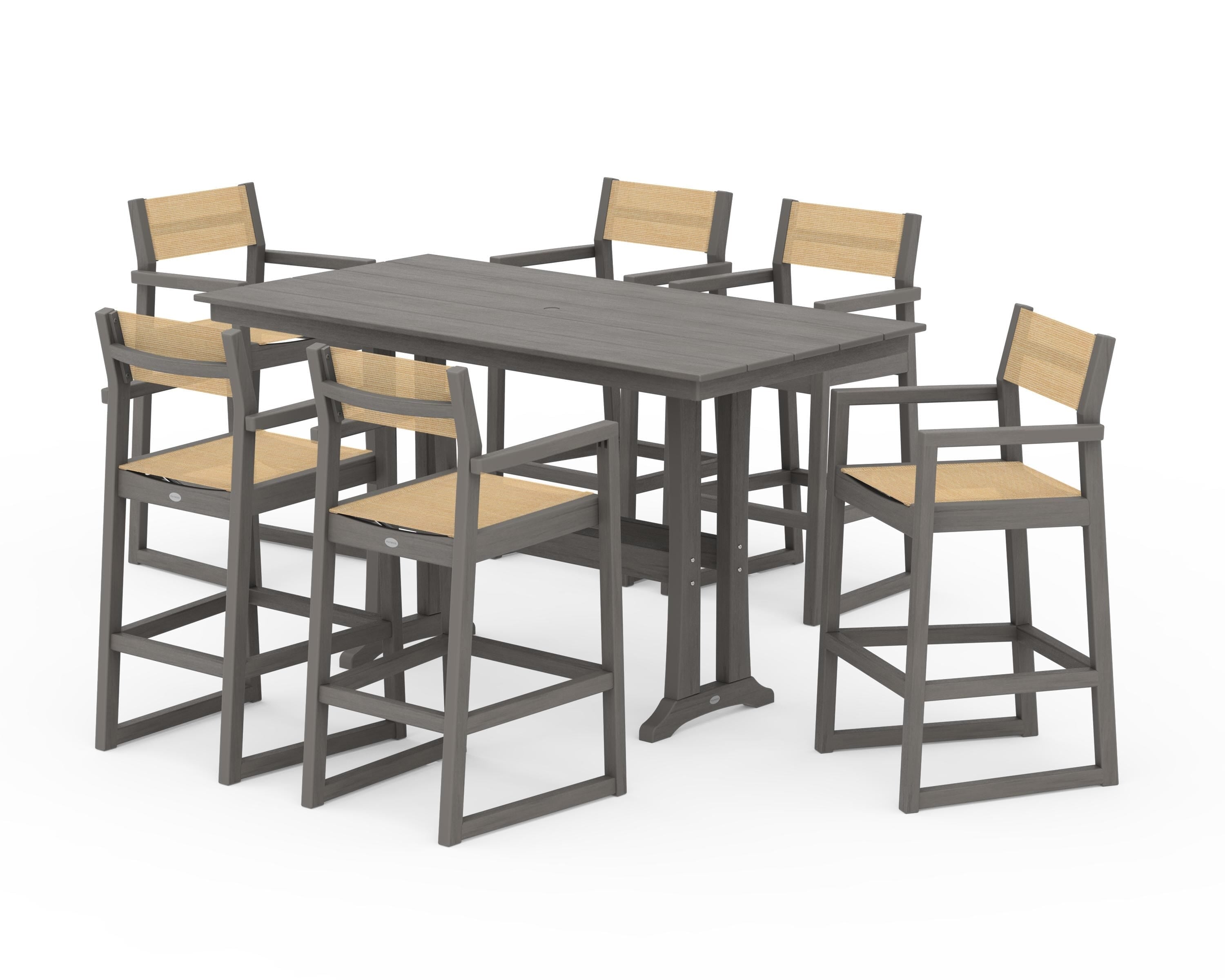 POLYWOOD EDGE Sling Arm Chair 7-Piece Farmhouse Bar Set with Trestle Legs in Driftwood / Dupioni Apricot Sling