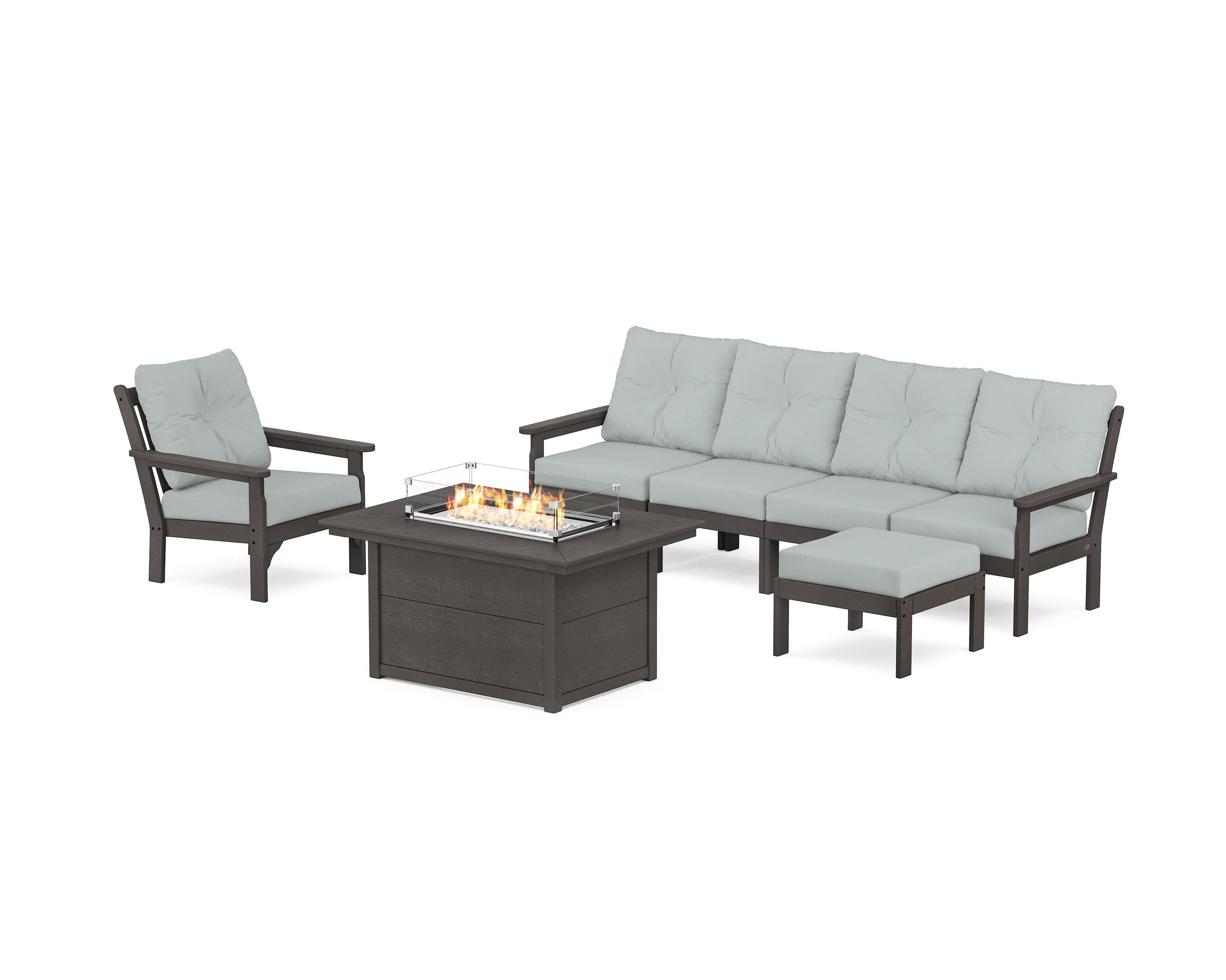 POLYWOOD Vineyard Sectional Lounge and Fire Pit Set in Vintage Coffee / Spa