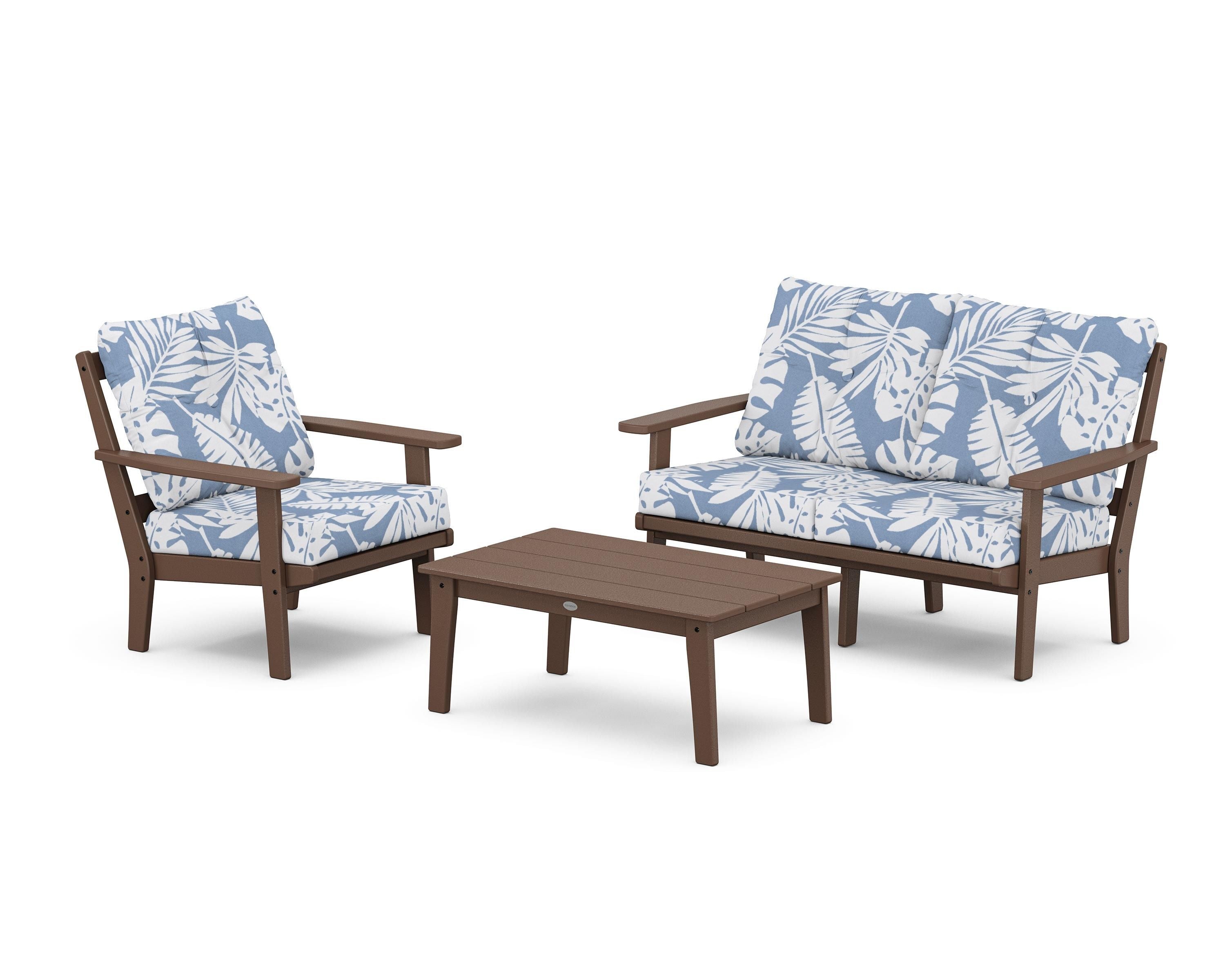 POLYWOOD Oxford 3-Piece Deep Seating Set with Loveseat in Mahogany / Leaf Sky Blue
