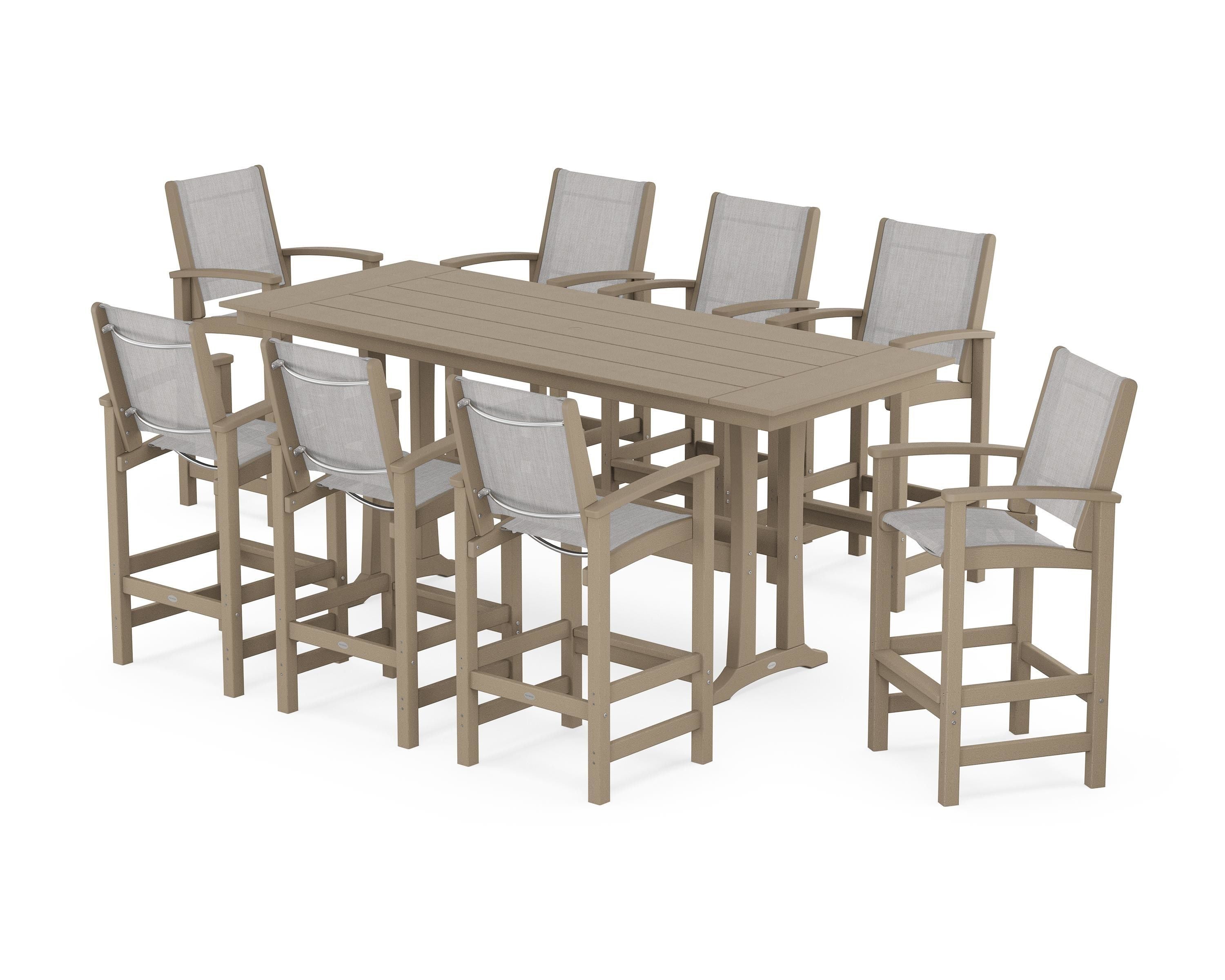 POLYWOOD Coastal 9-Piece Farmhouse Bar Set with Trestle Legs in Vintage Sahara / Parchment Sling