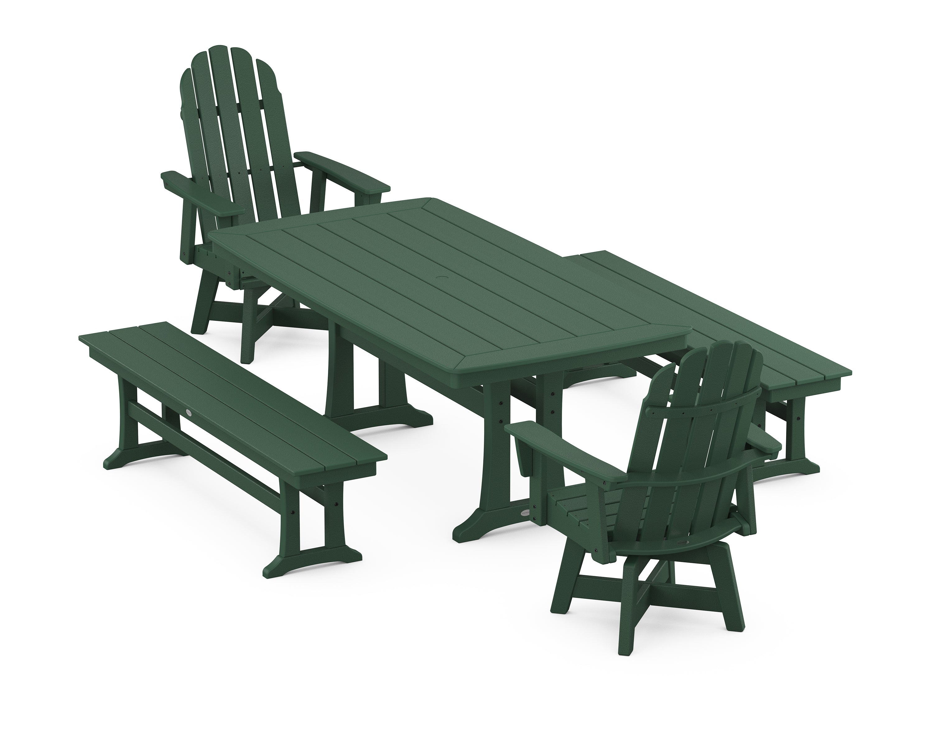 POLYWOOD® Vineyard Adirondack Swivel Chair 5-Piece Dining Set with Trestle Legs and Benches in Green