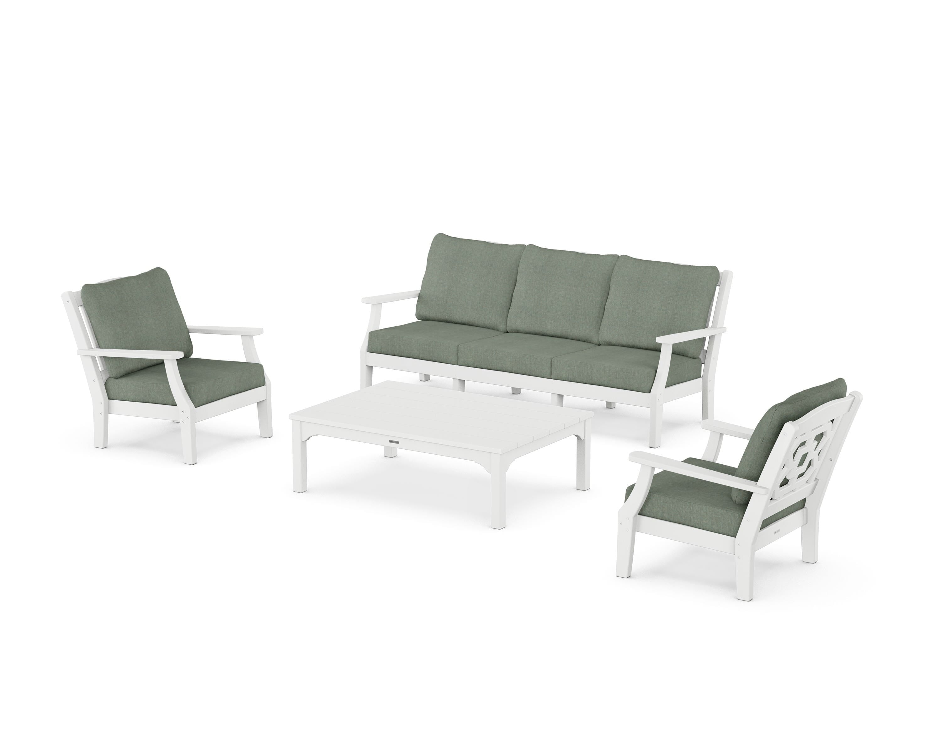 Martha Stewart by POLYWOOD Chinoiserie 4-Piece Deep Seating Set with Sofa in White / Cast Sage