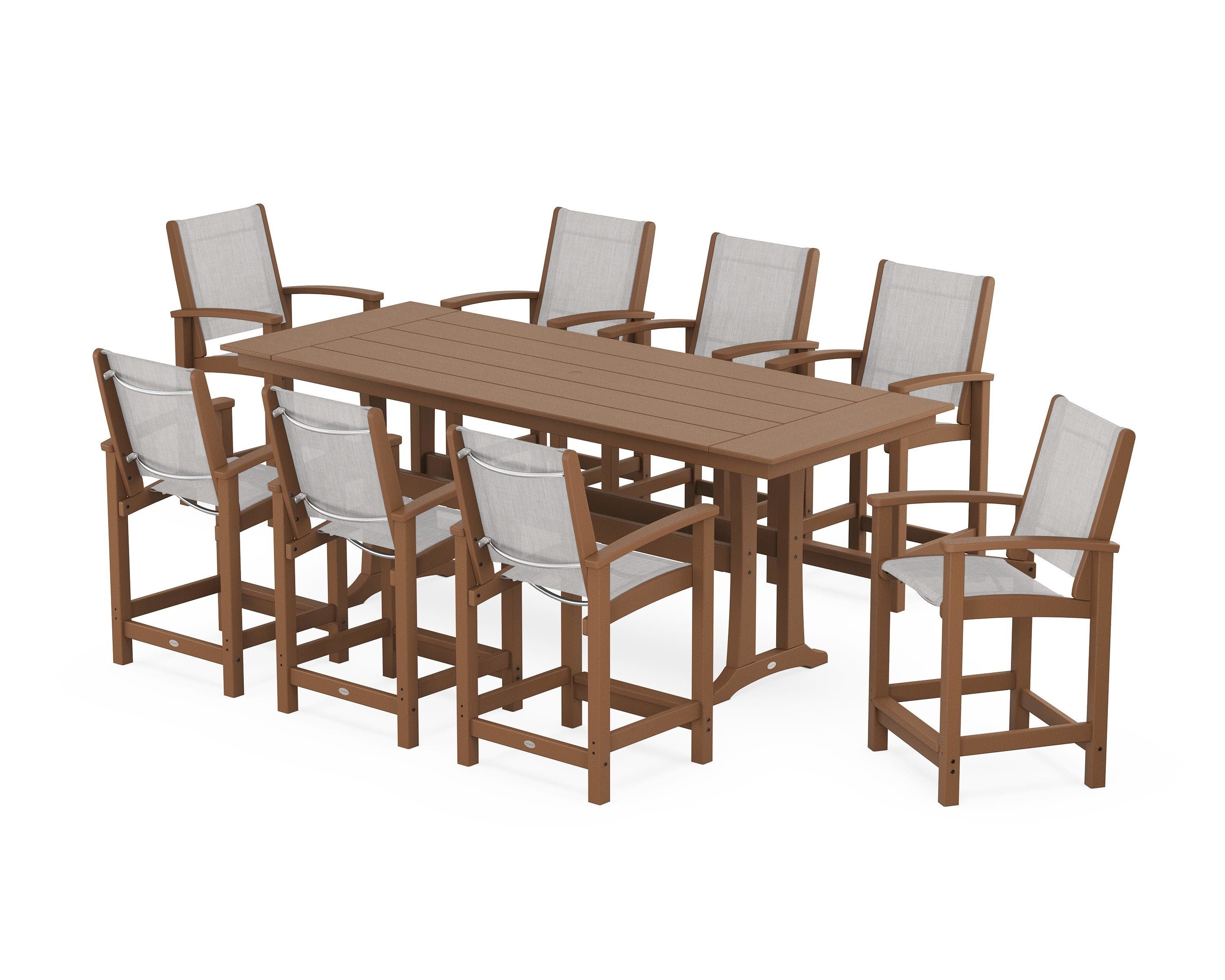 POLYWOOD Coastal 9-Piece Farmhouse Counter Set with Trestle Legs in Teak / Parchment Sling