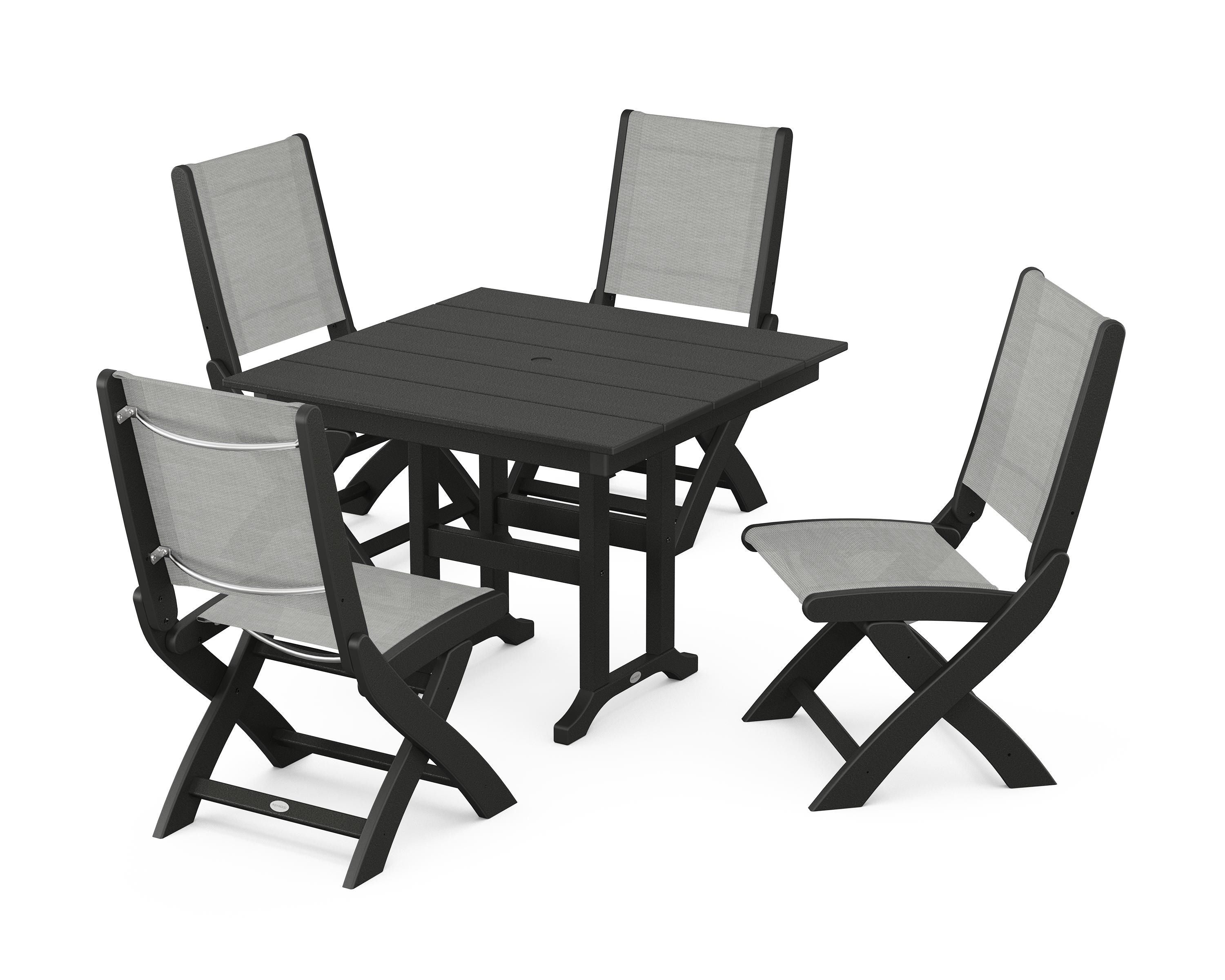 POLYWOOD Coastal Folding Side Chair 5-Piece Farmhouse Dining Set in Black / Metallic Sling