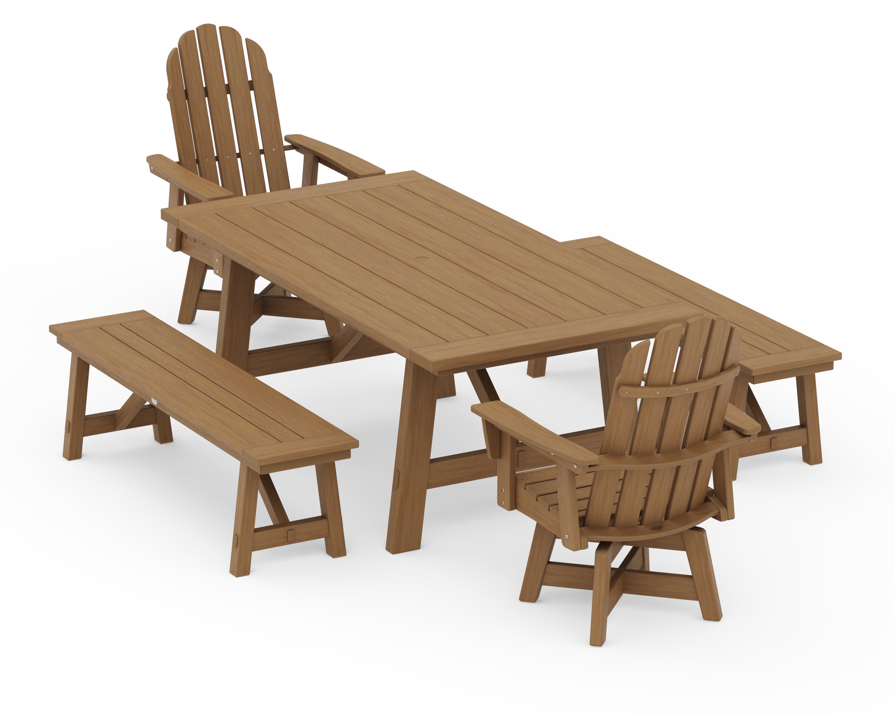 POLYWOOD VineyardCurveback Adirondack Swivel Chair 5-Piece Rustic Farmhouse Dining Set With Benches in Natural
