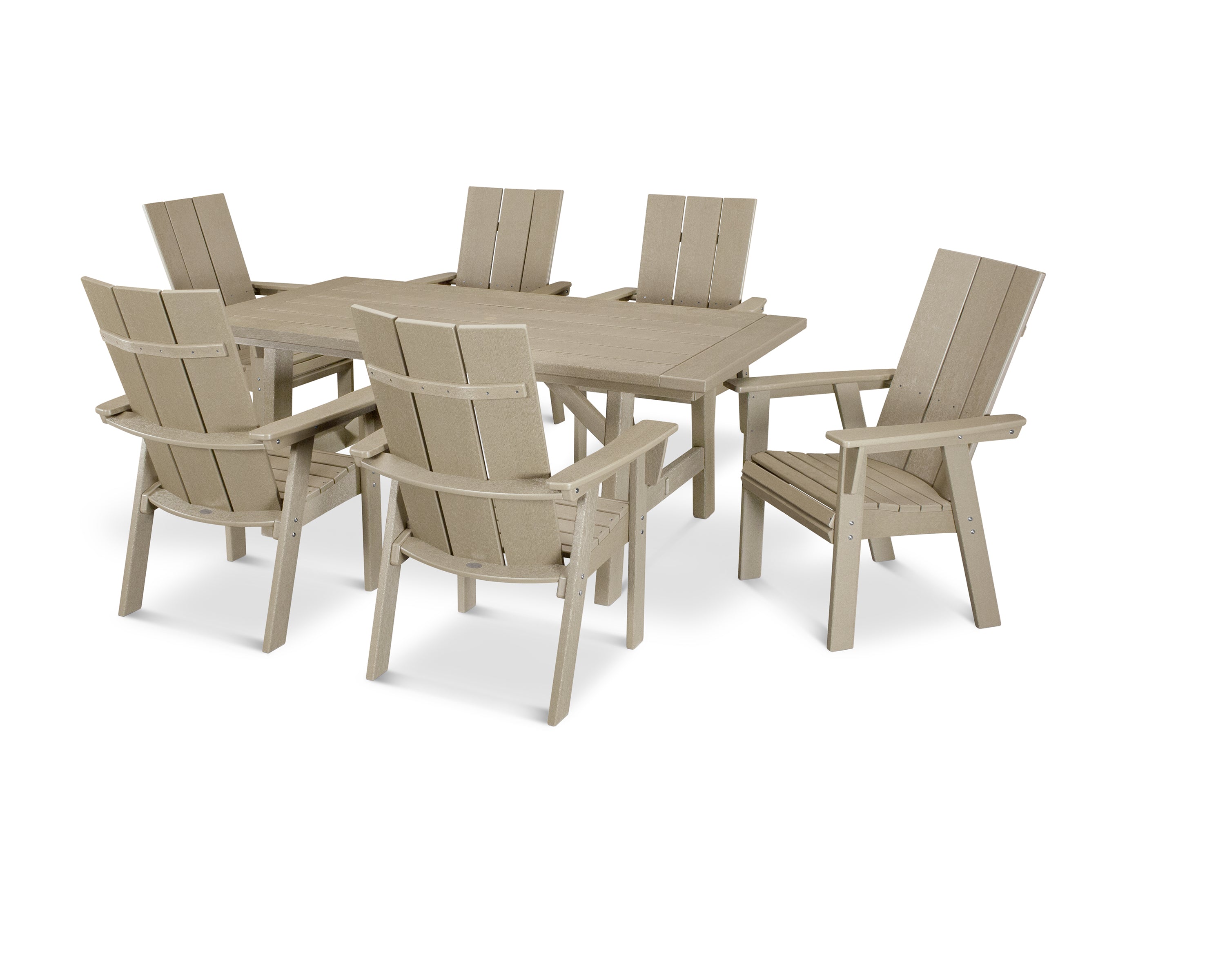 POLYWOOD® Modern Curveback Adirondack 7-Piece Rustic Farmhouse Dining Set in Vintage Sahara