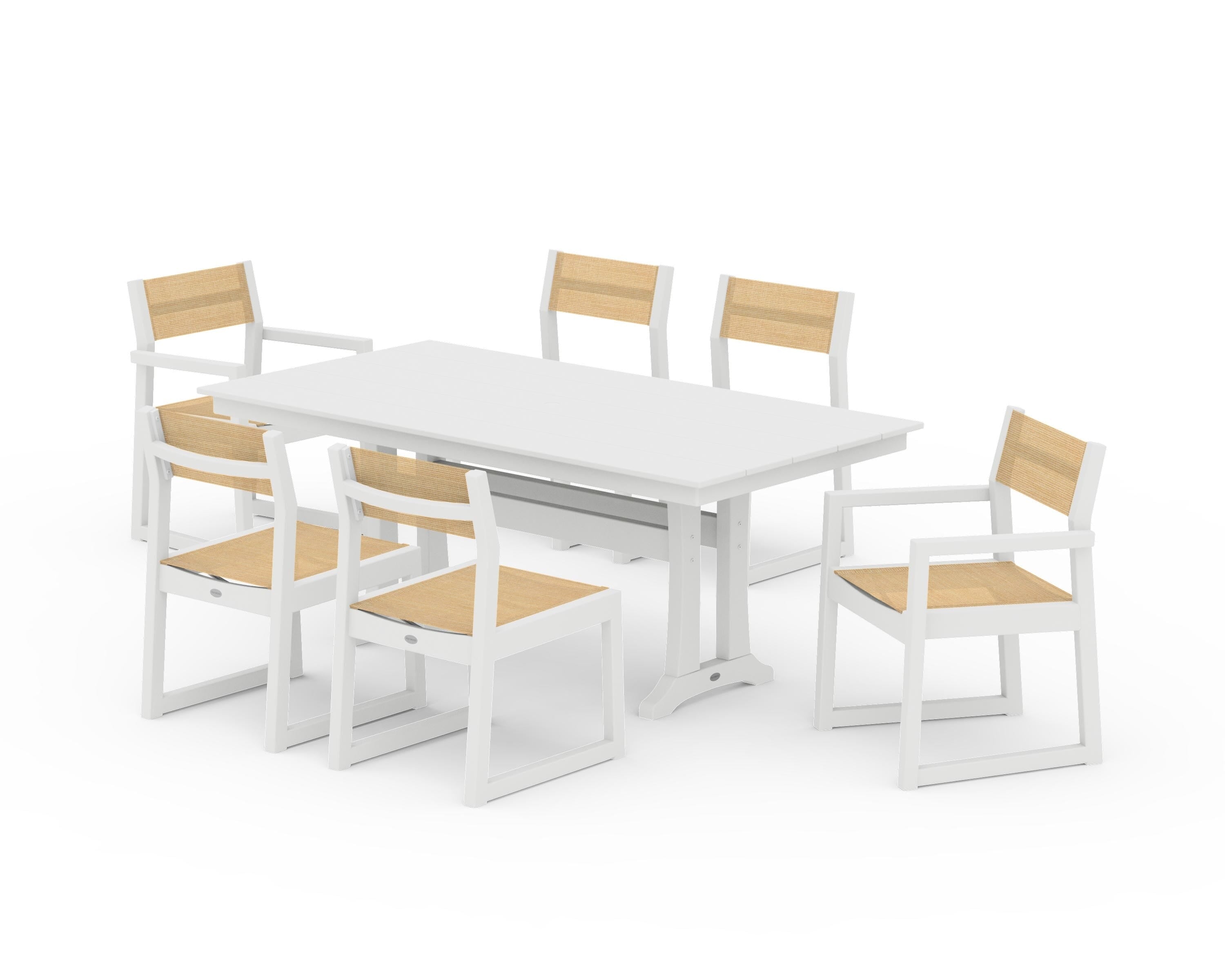 POLYWOOD EDGE Sling 7-Piece Farmhouse Trestle Dining Set in White / Dupioni Apricot Sling