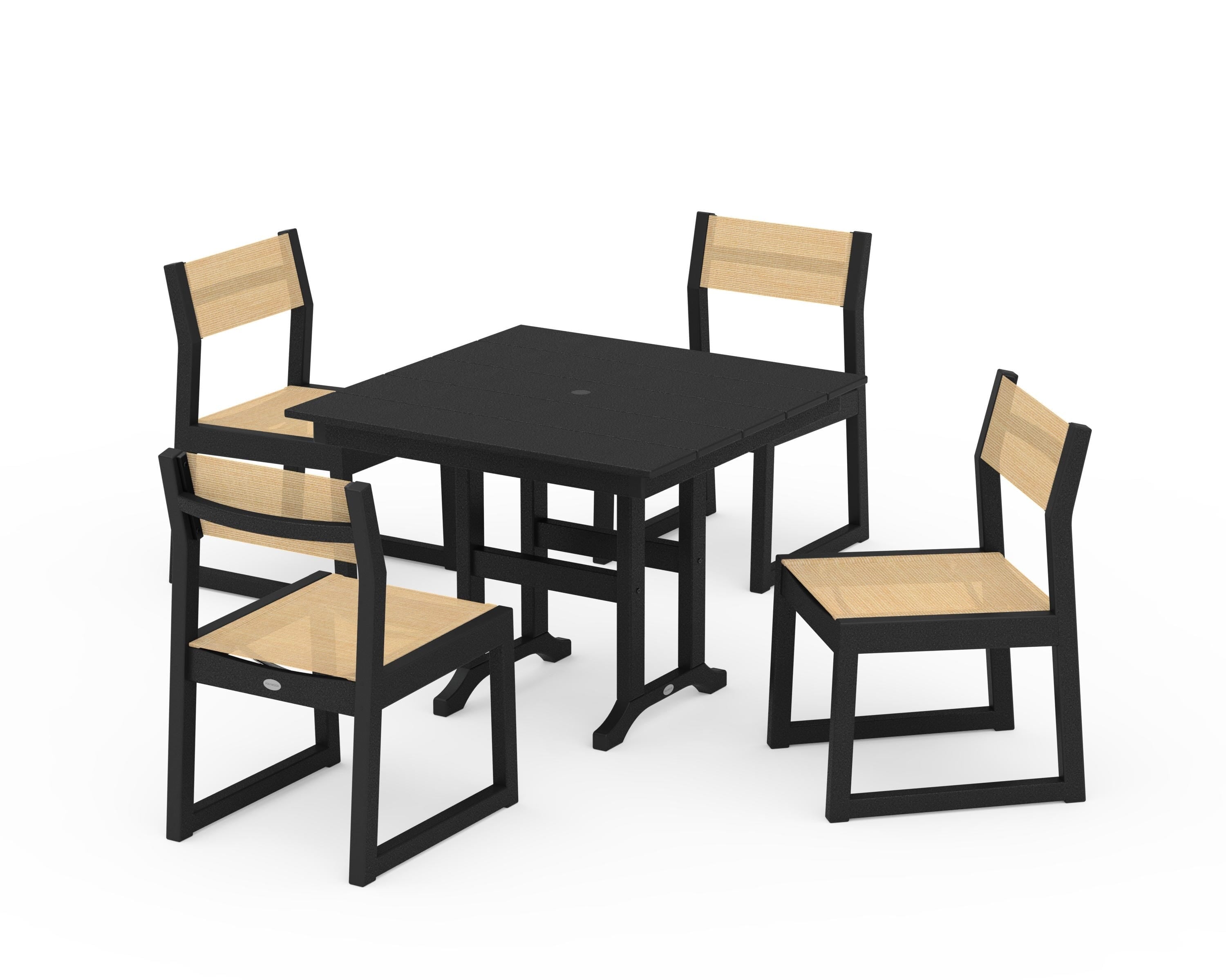 POLYWOOD EDGE Sling Side Chair 5-Piece Farmhouse Dining Set in Black / Dupioni Apricot Sling