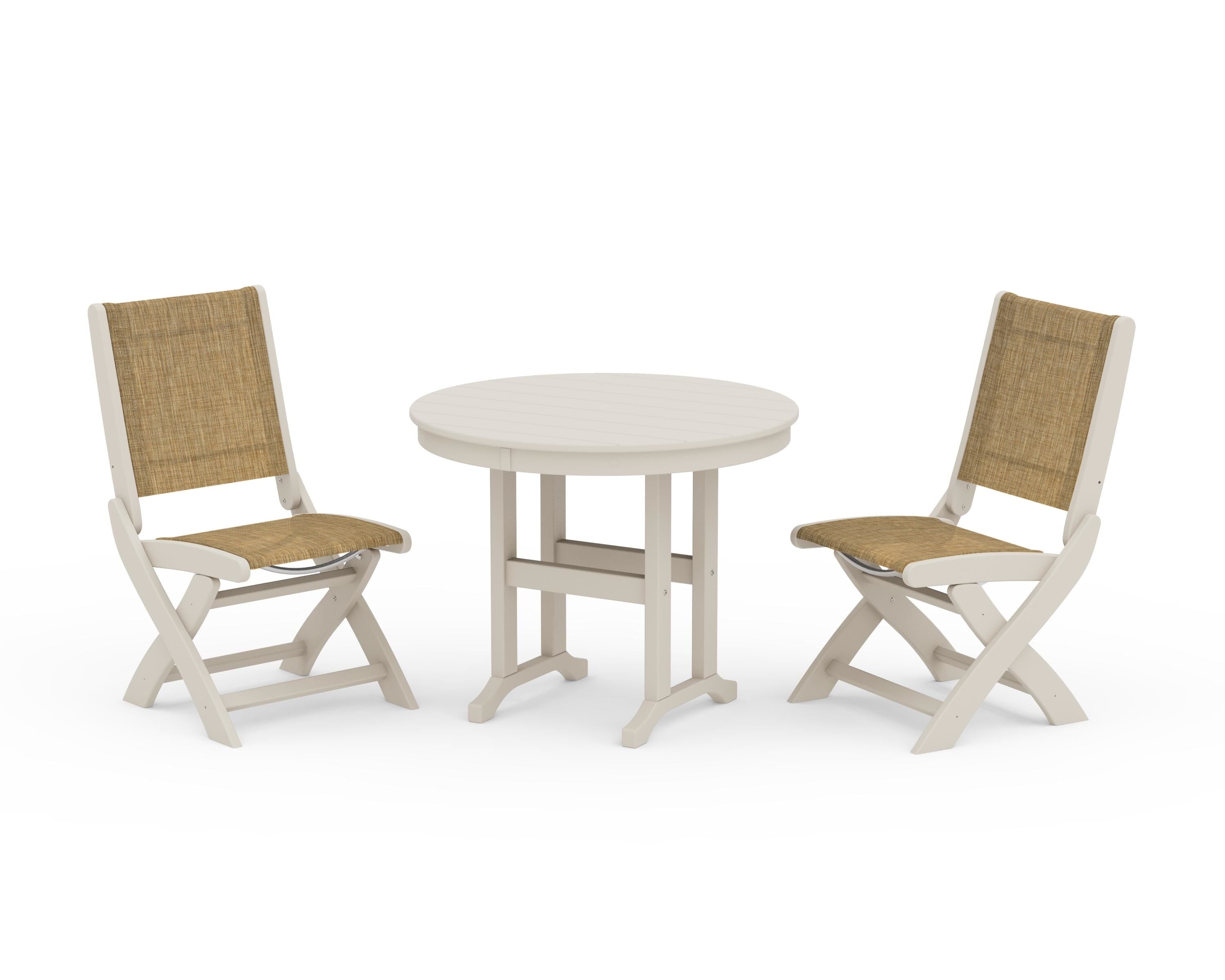POLYWOOD Coastal Folding Side Chair 3-Piece Round Dining Set in Sand / Burlap Sling