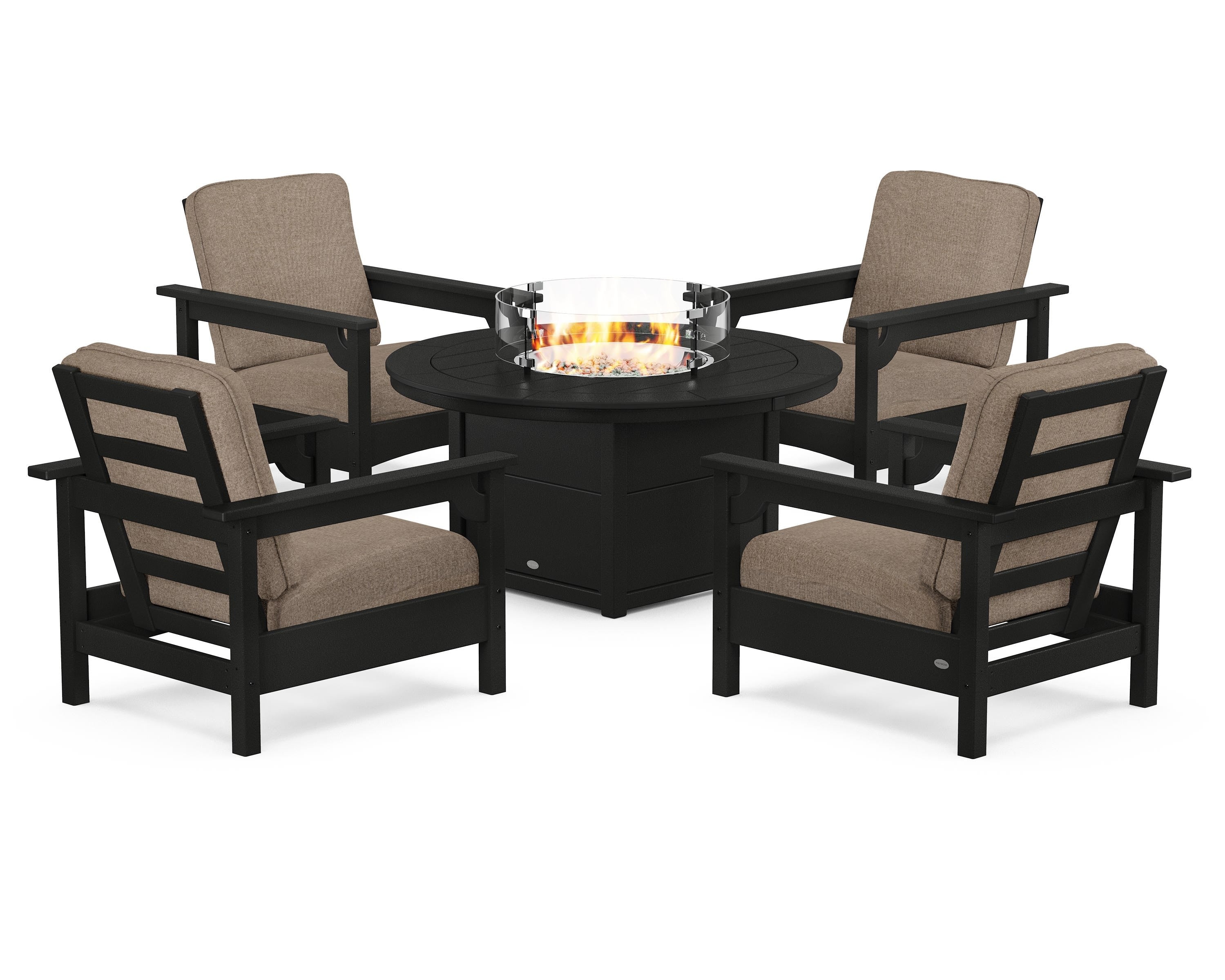 POLYWOOD Club 5-Piece Conversation Set with Fire Pit Table in Black / Spiced Burlap