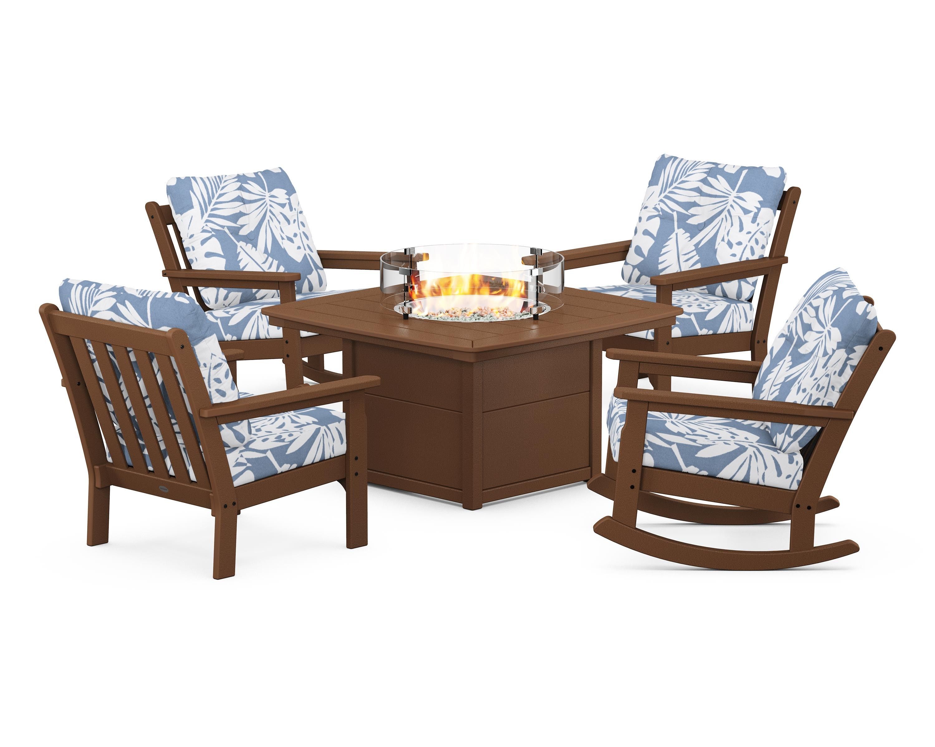 POLYWOOD Vineyard 5-Piece Deep Seating Rocking Chair Conversation Set with Fire Pit Table in Teak / Leaf Sky Blue