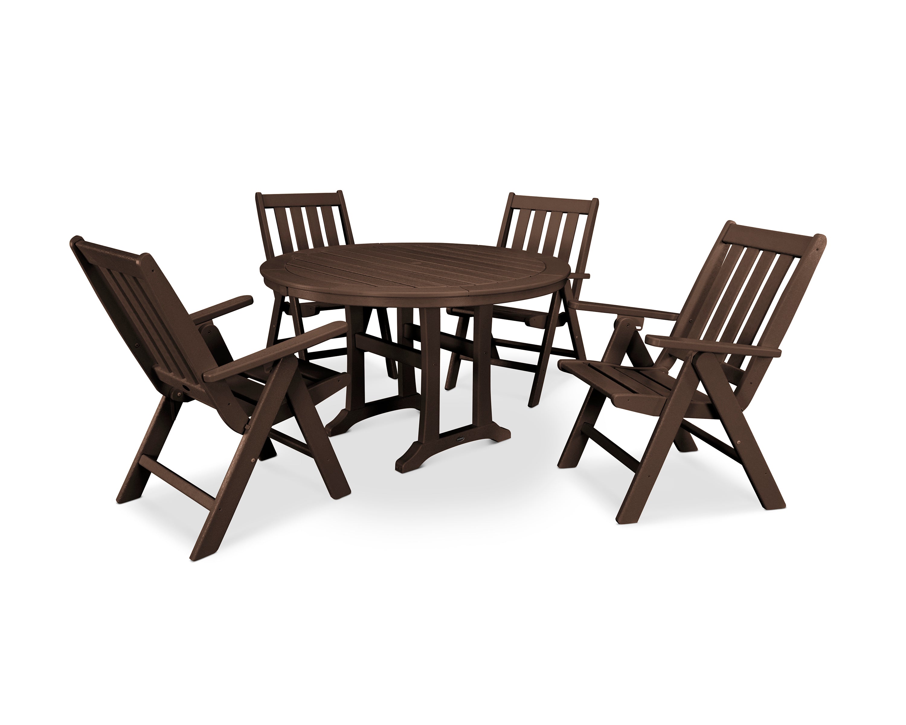 POLYWOOD® Vineyard Folding Chair 5-Piece Round Dining Set with Trestle Legs in Mahogany
