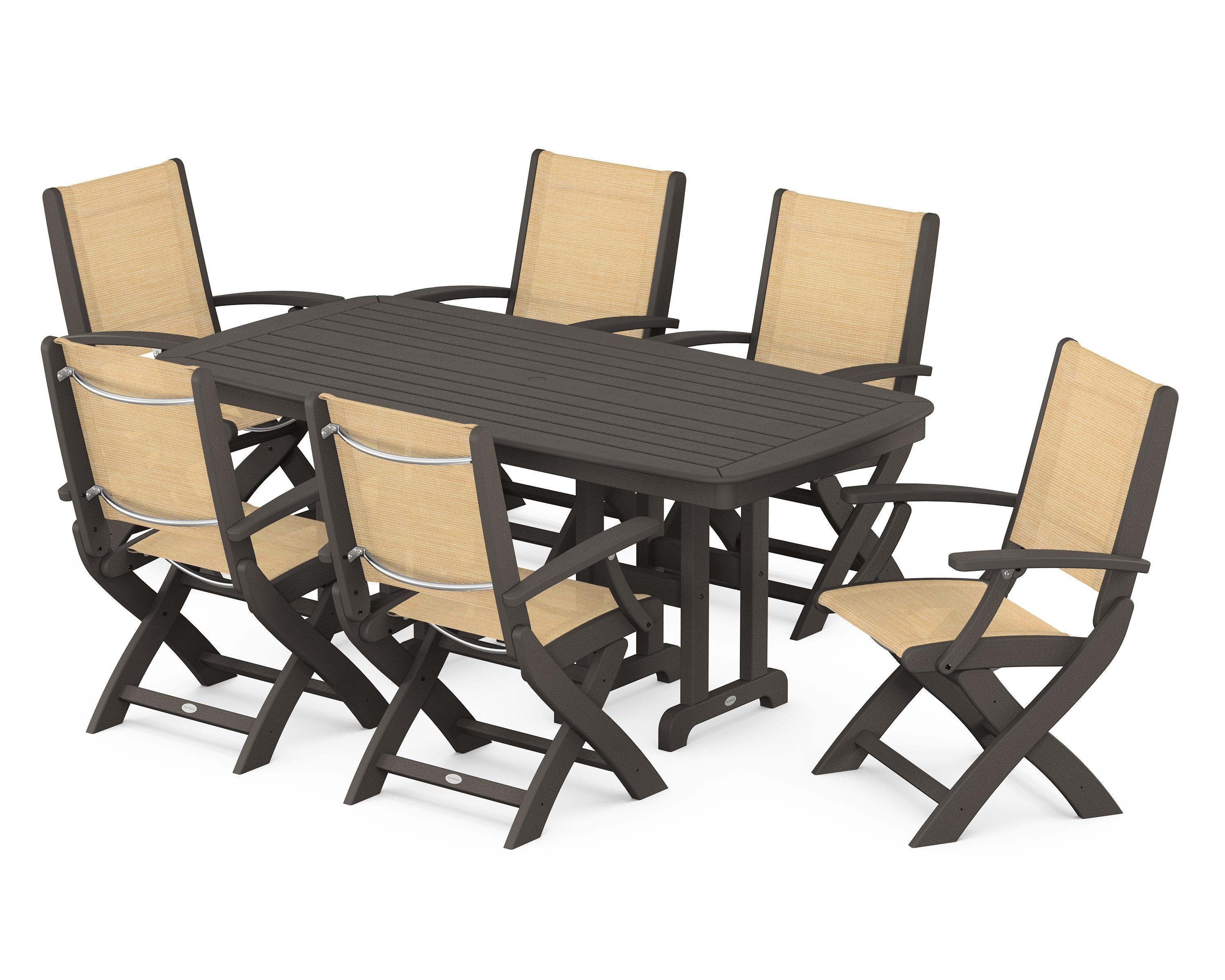 POLYWOOD Coastal Folding Arm Chair 7-Piece Dining Set in Vintage Coffee / Dupioni Apricot Sling