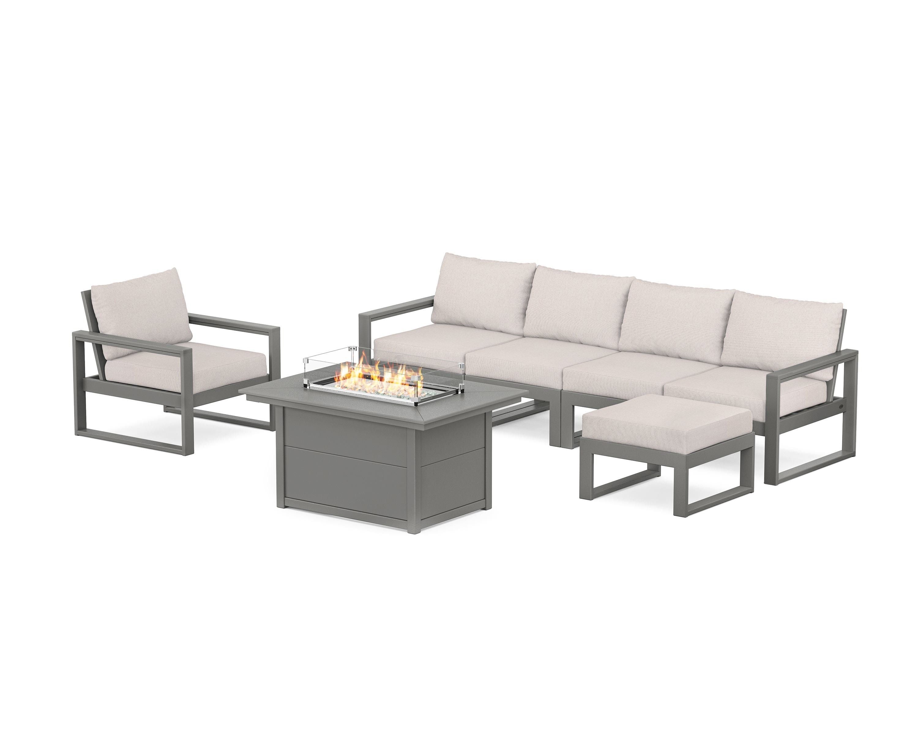 POLYWOOD EDGE Sectional Lounge and Fire Pit Set in Slate Grey / Dune Burlap