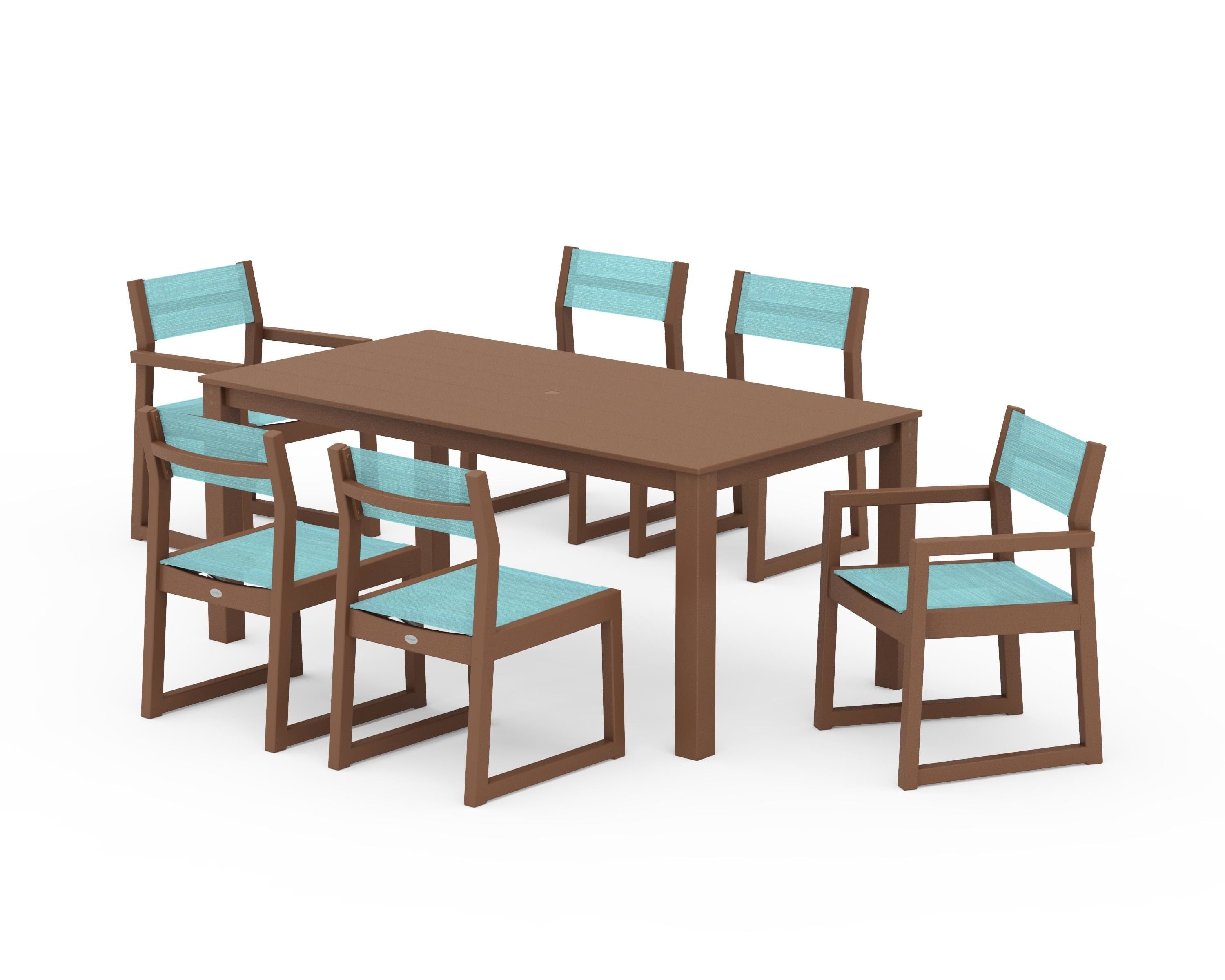 POLYWOOD EDGE Sling 7-Piece Parsons Dining Set in Teak / Dupioni Aquamarine Sling