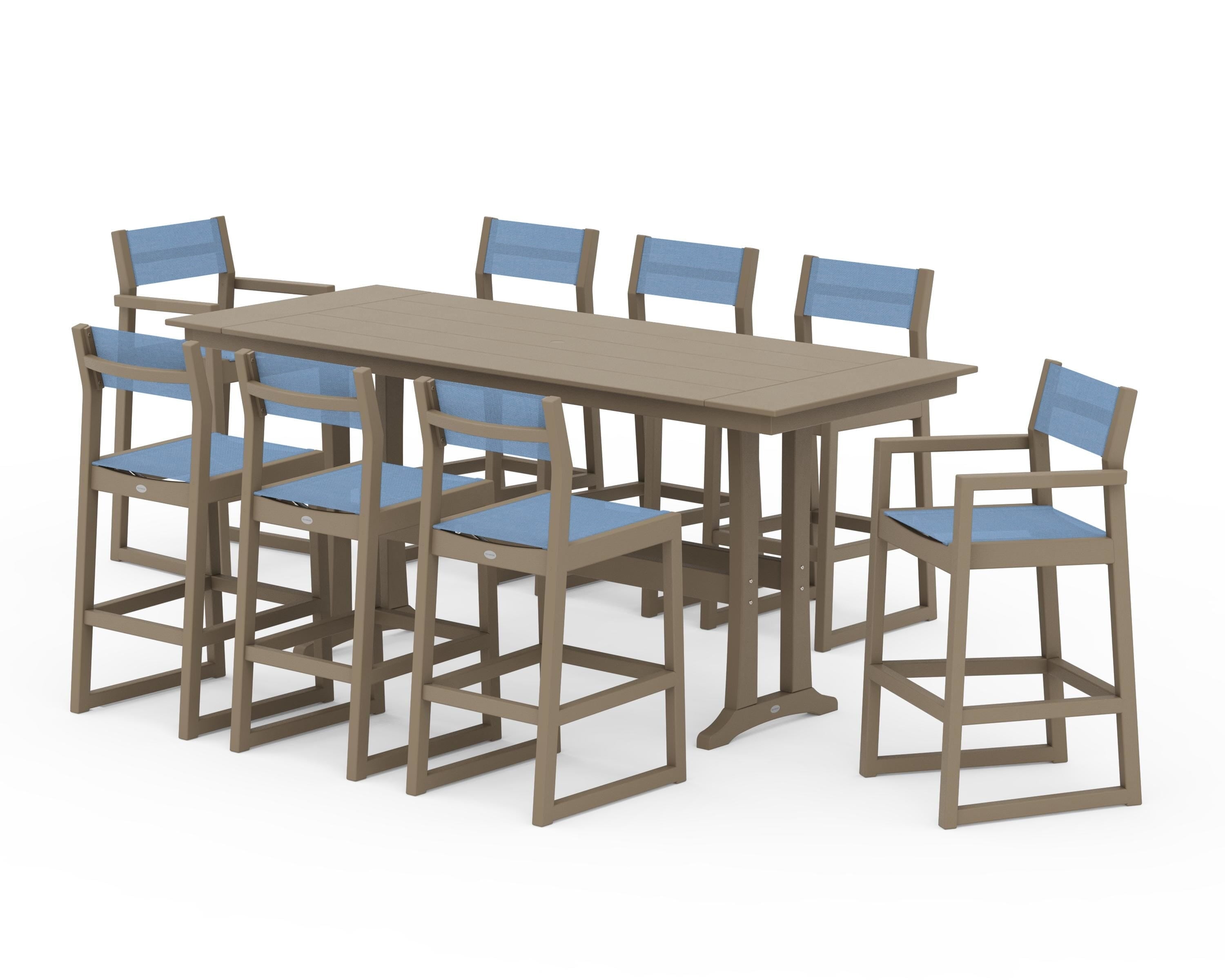 POLYWOOD EDGE Sling 9-Piece Farmhouse Bar Set with Trestle Legs in Vintage Sahara / Poolside Sling