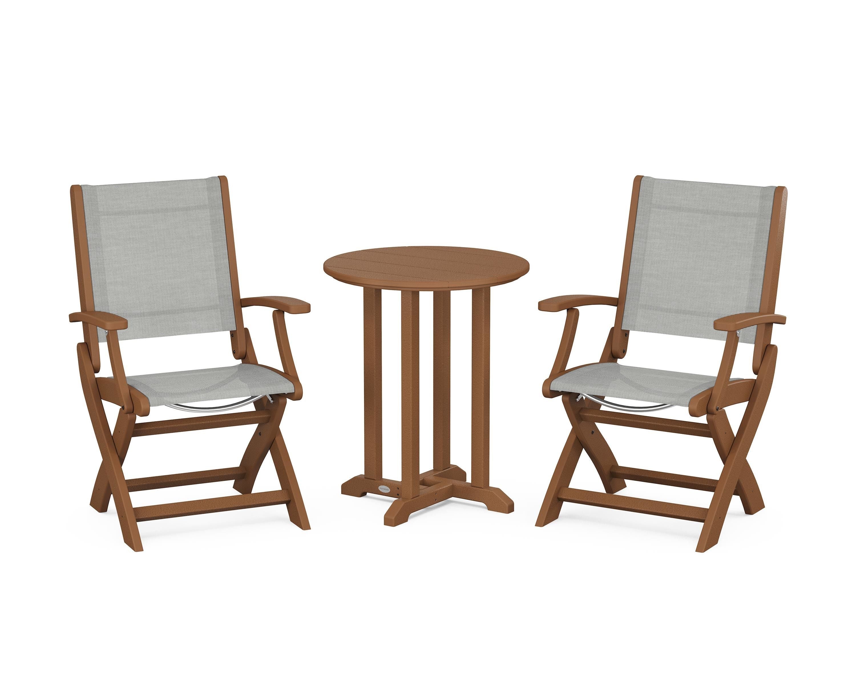 POLYWOOD Coastal Folding 3-Piece Round Bistro Dining Set in Teak / Metallic Sling