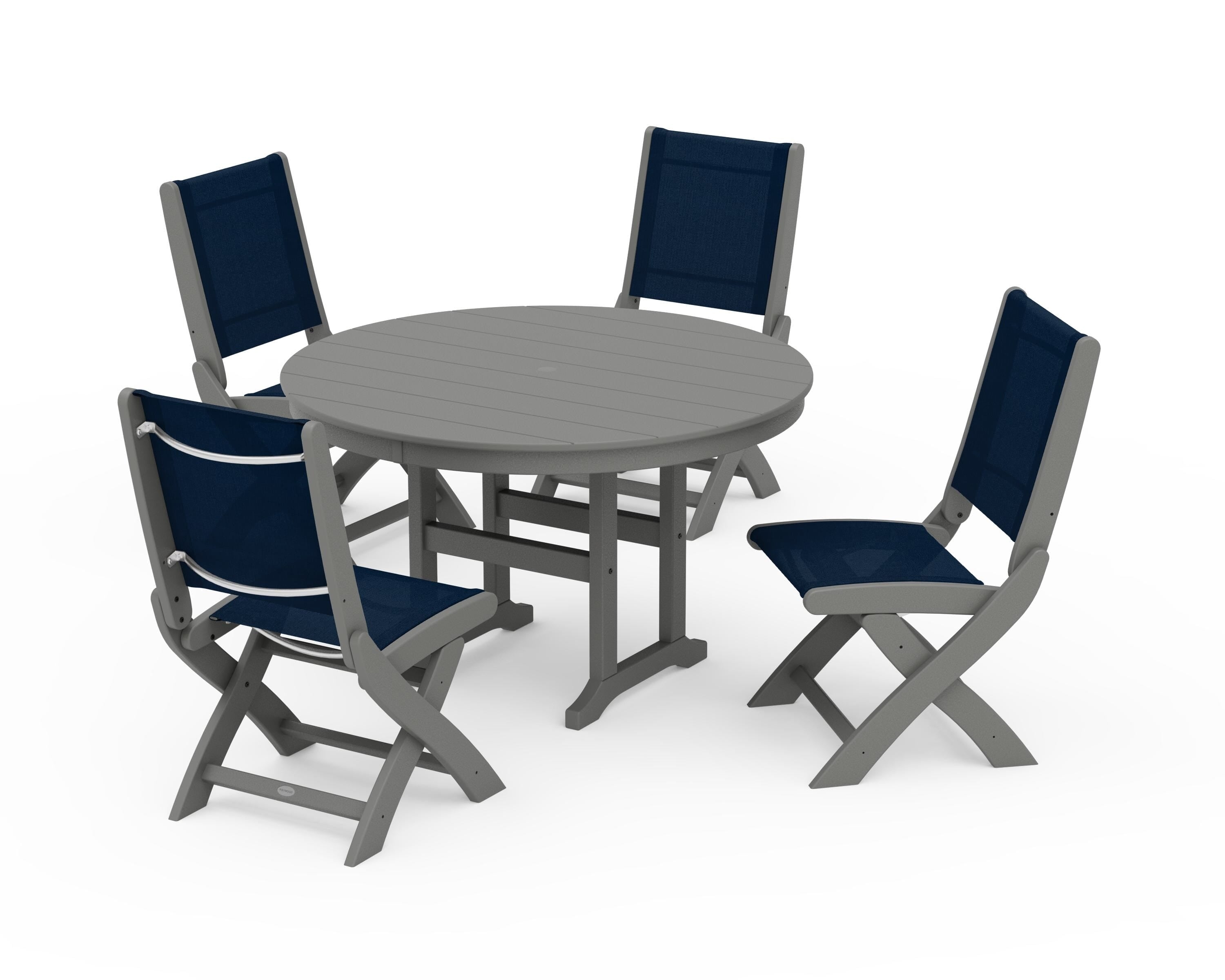 POLYWOOD Coastal Folding Side Chair 5-Piece Round Dining Set in Slate Grey / Navy Blue Sling