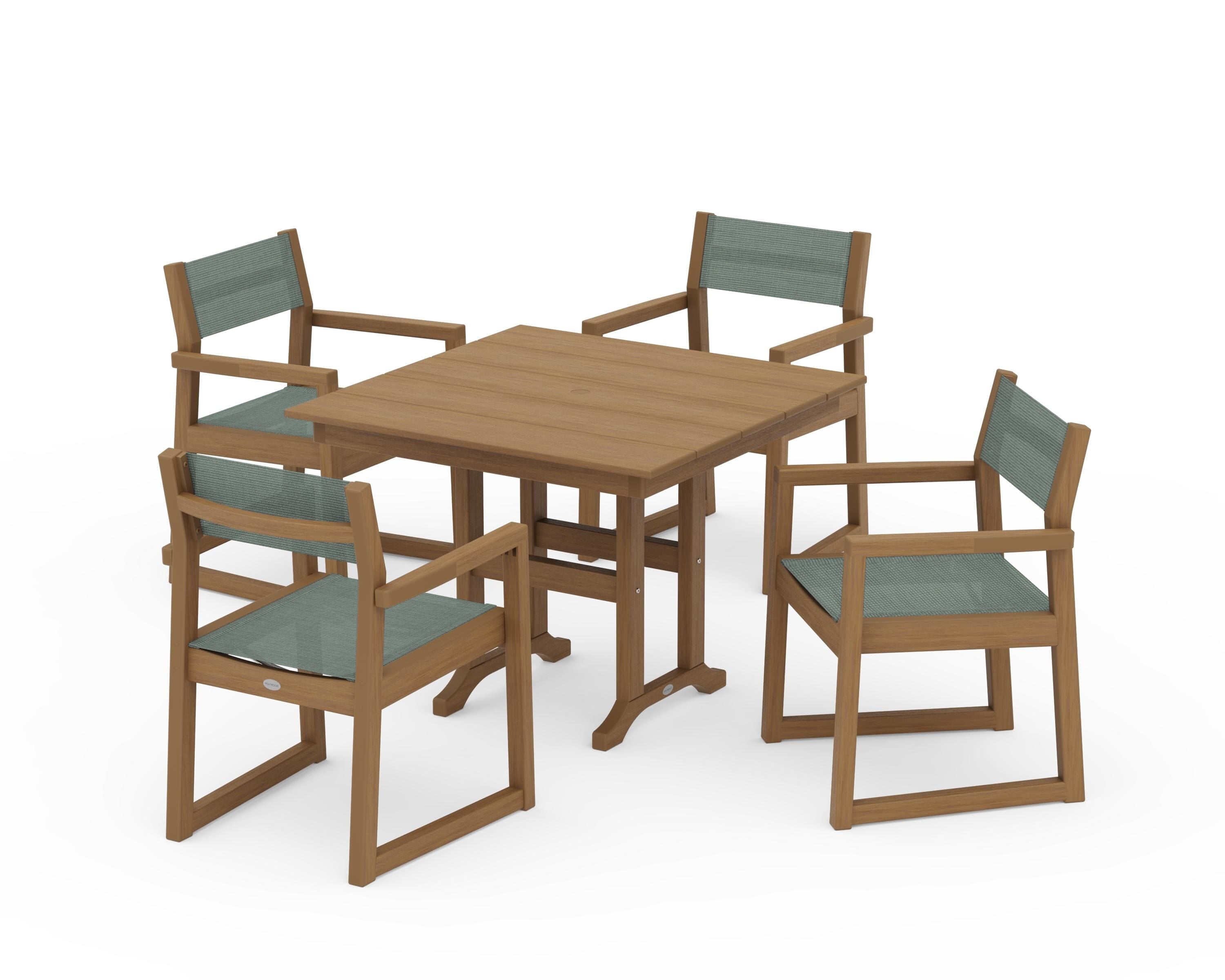 POLYWOOD EDGE Sling Arm Chair 5-Piece Farmhouse Dining Set in Natural / Dupioni Sea Mist Sling