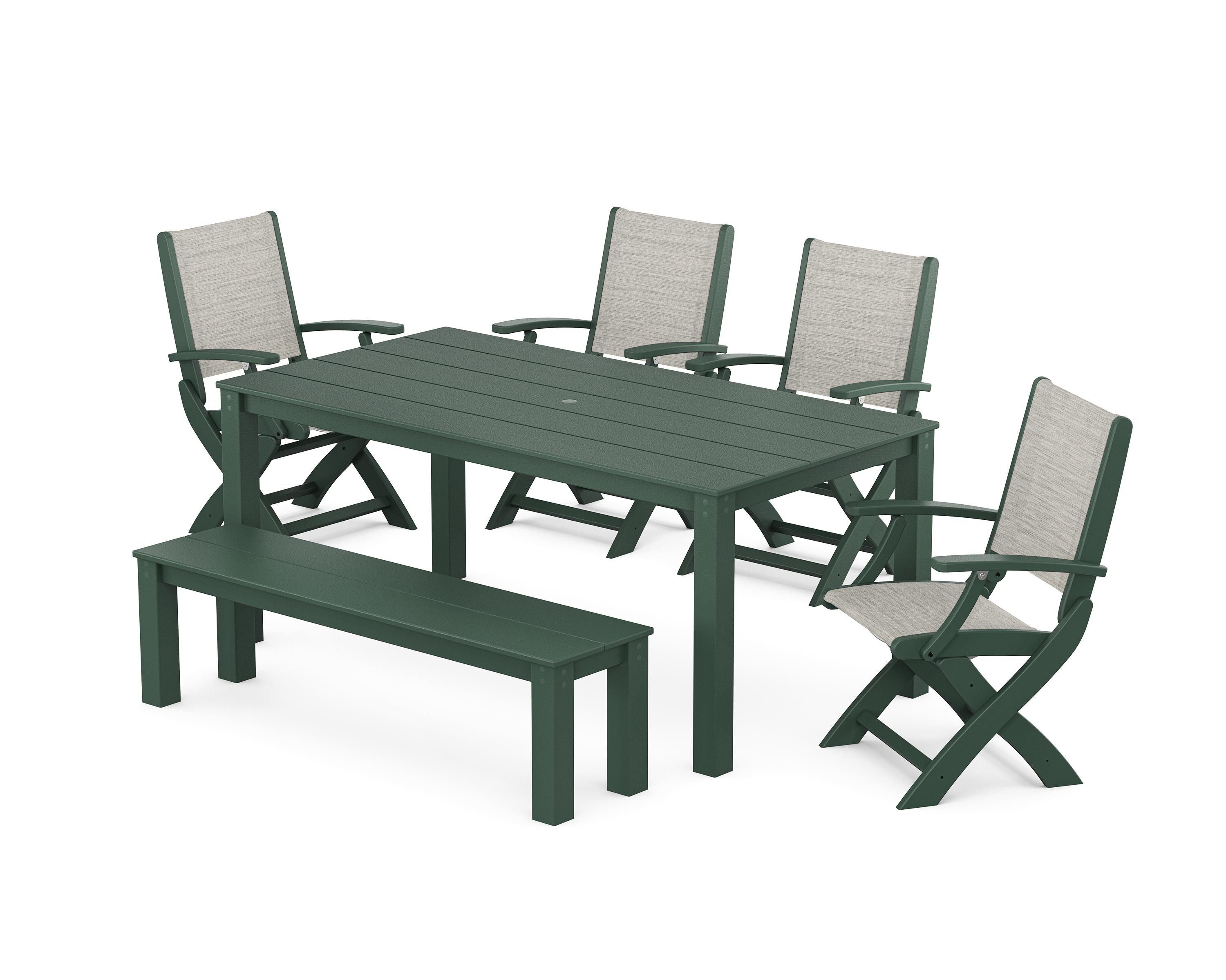 POLYWOOD Coastal Folding Chair 6-Piece Parsons Dining Set with Bench in Green / Birch Sling