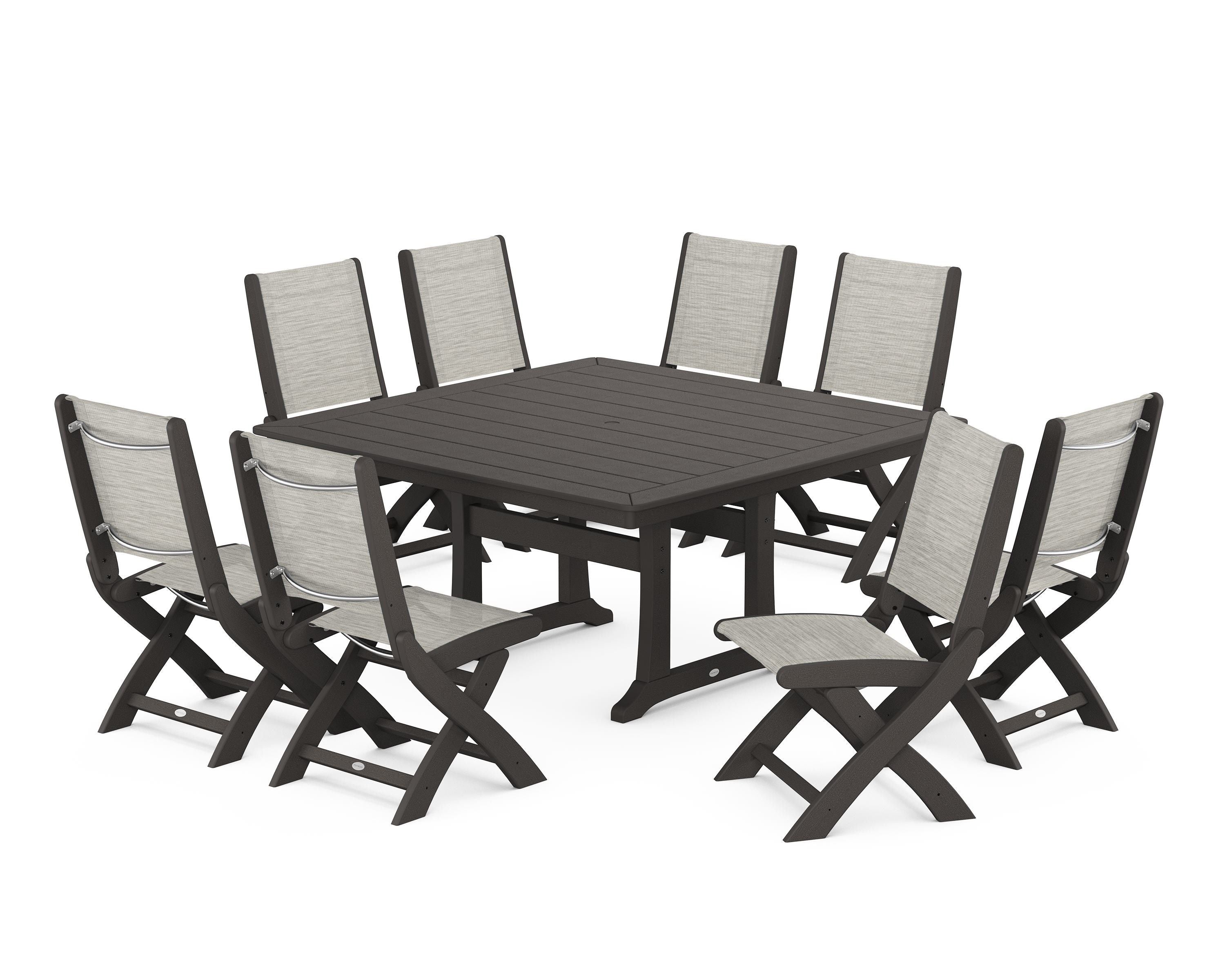 POLYWOOD Coastal Folding Side Chair 9-Piece Dining Set with Trestle Legs in Vintage Coffee / Birch Sling