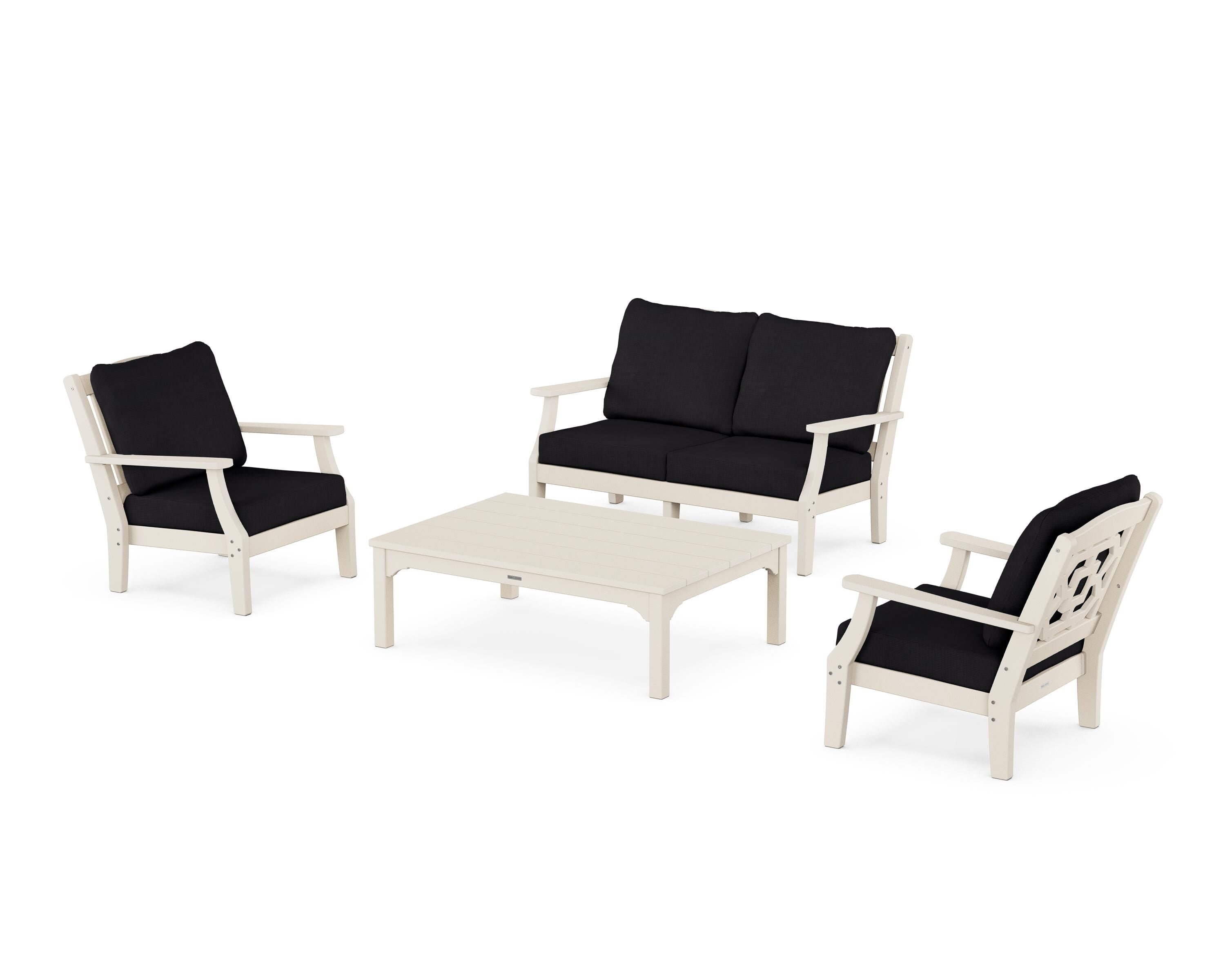 Martha Stewart by POLYWOOD Chinoiserie 4-Piece Deep Seating Set with Loveseat in Sand / Midnight Linen