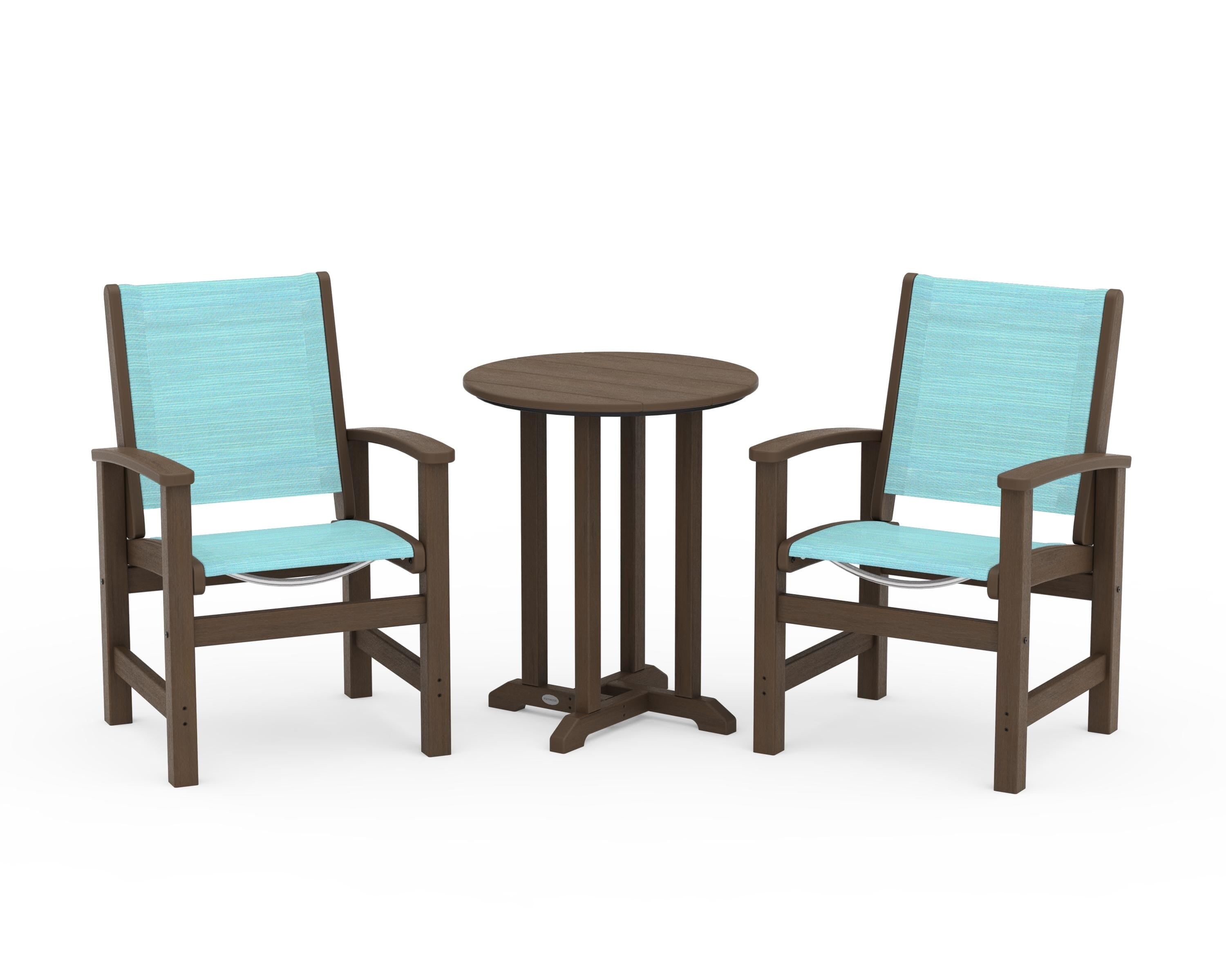 POLYWOOD Coastal 3-Piece Round Bistro Dining Set in Kona / Dupioni Aquamarine Sling
